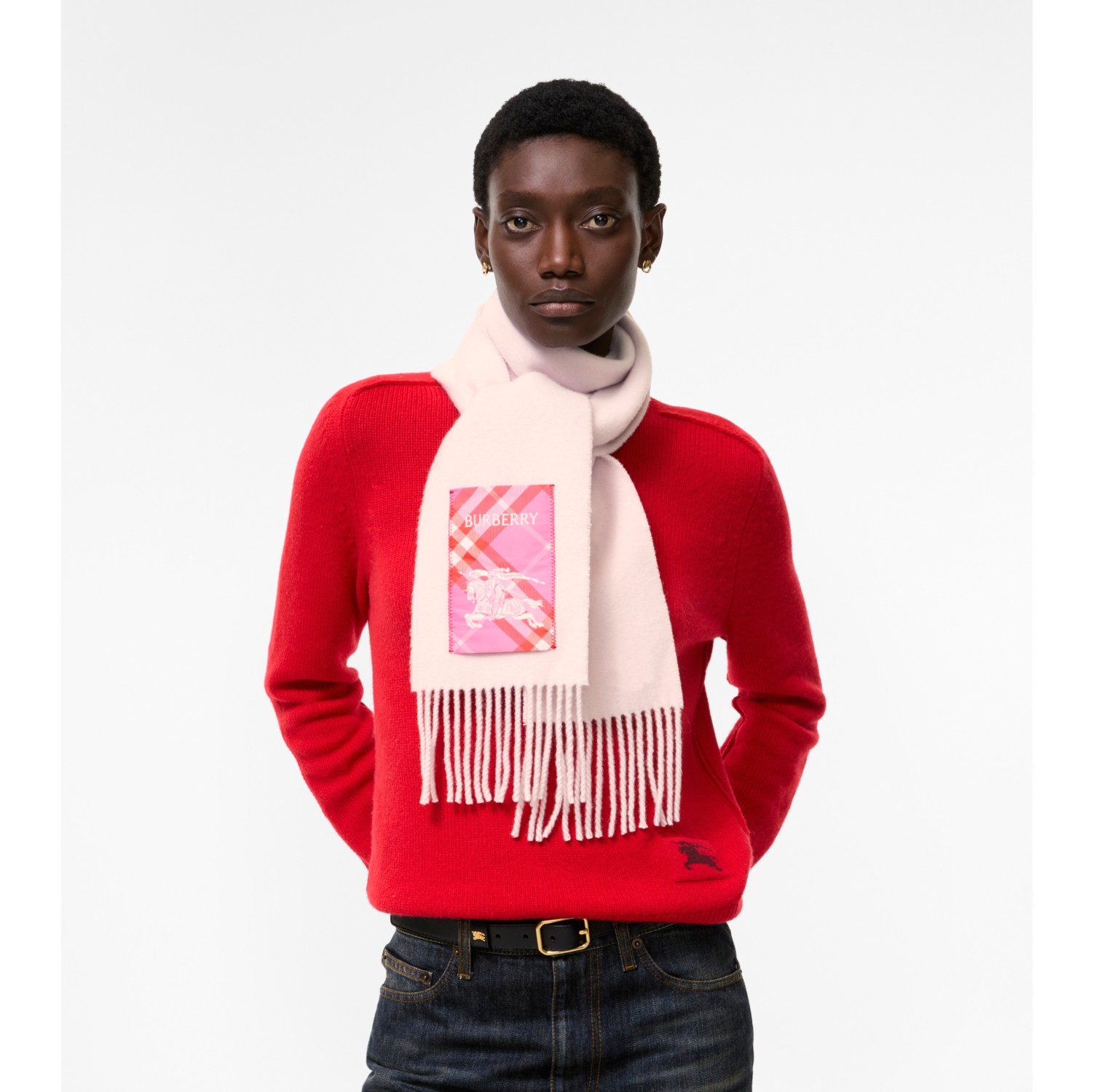 Narrow Check Label Cashmere Scarf