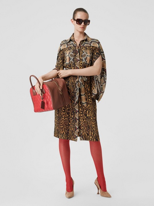 BURBERRY Cape Sleeve Animal Print Tie-waist Shirt Dress