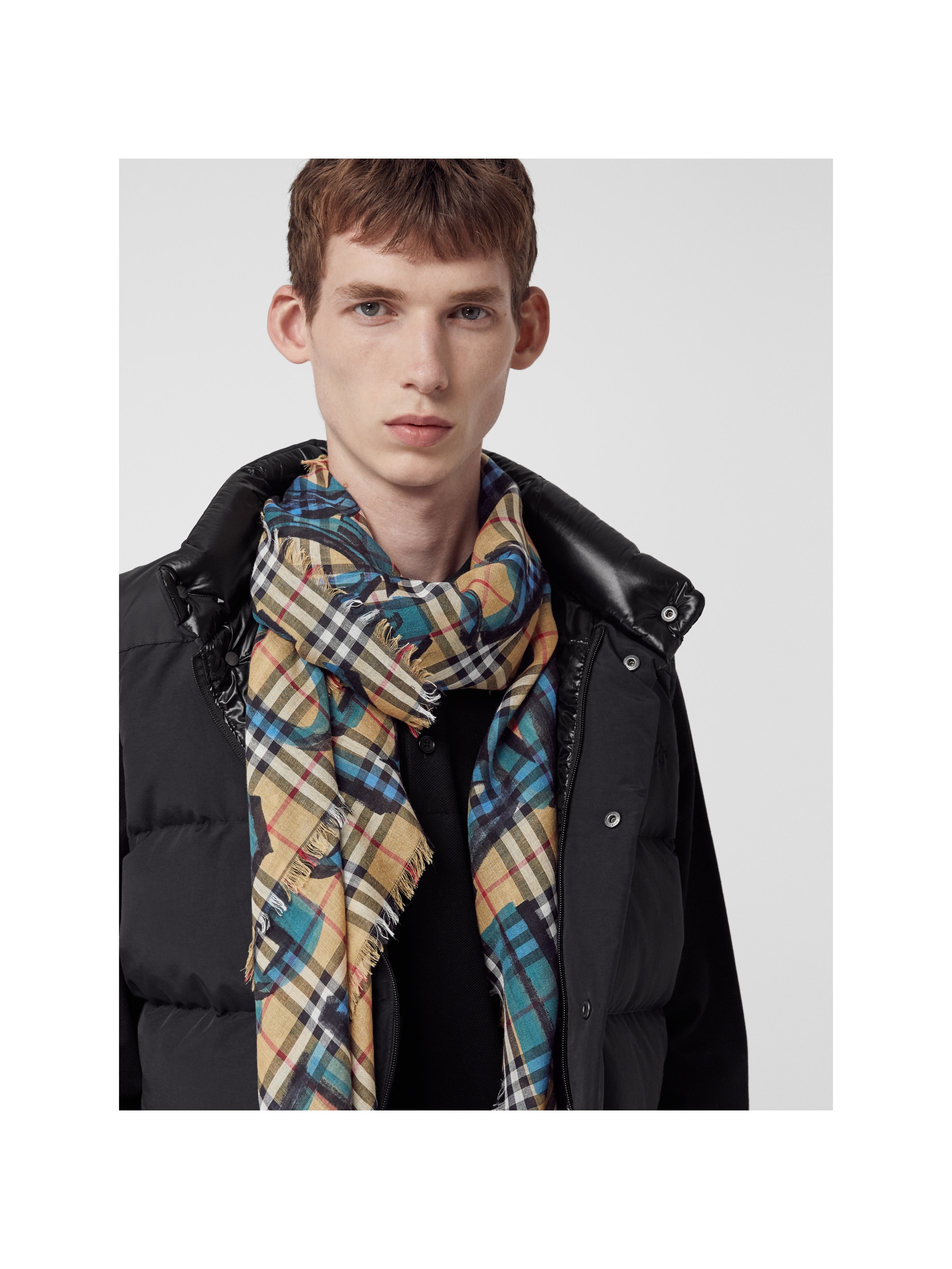 brilliant blue graffiti print check wool silk large square scarf