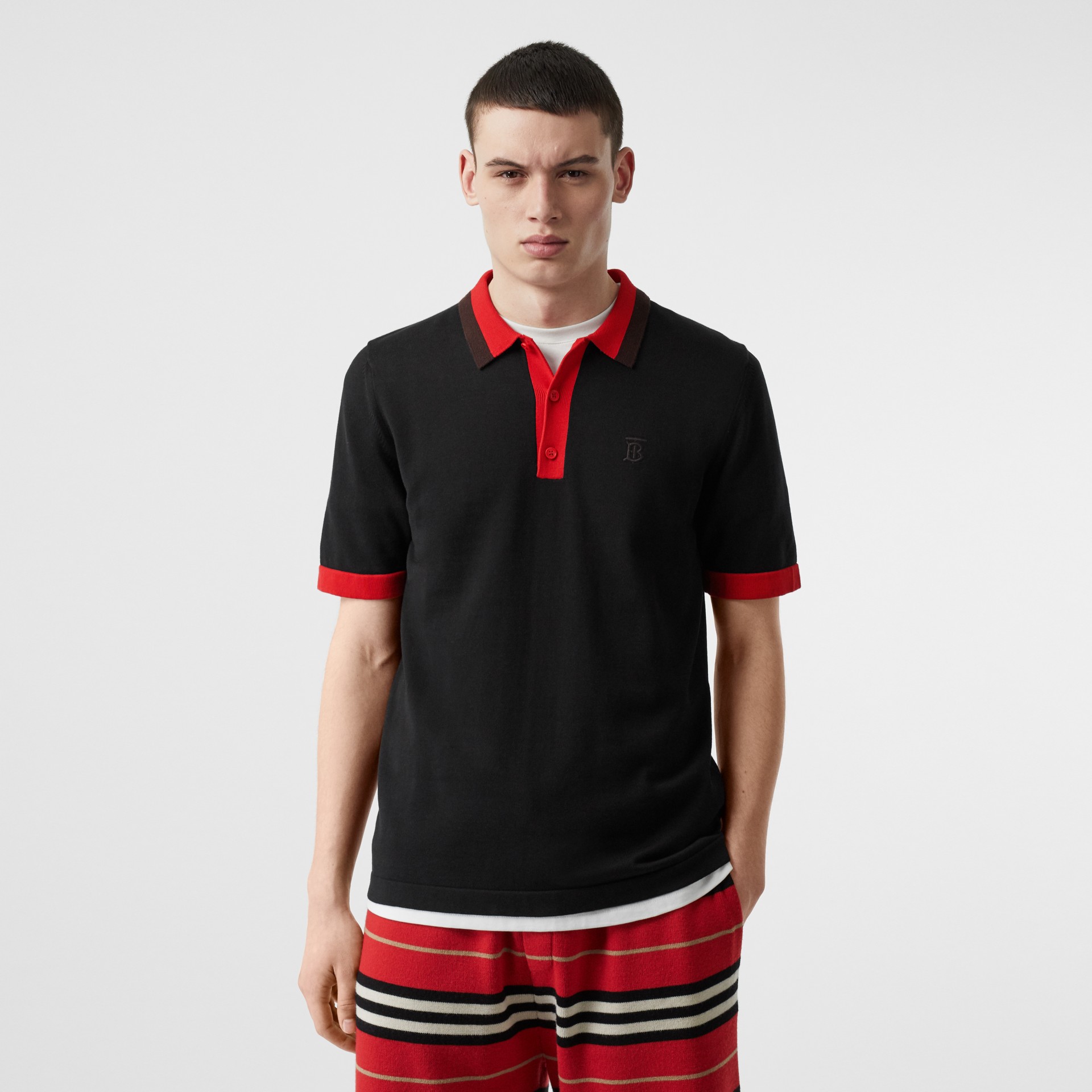 Monogram Motif Tipped Cotton Polo Shirt in Black - Men | Burberry ...