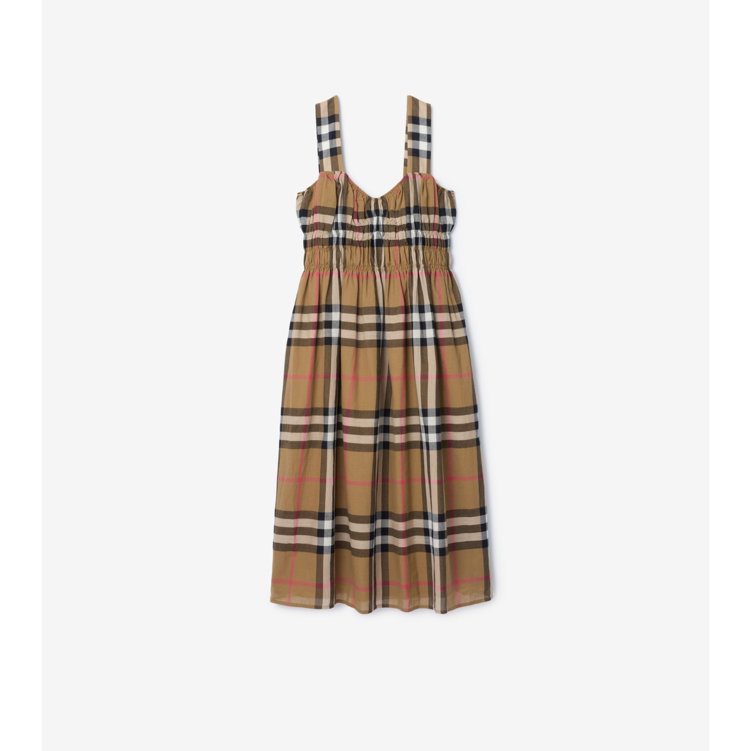 Shirred Check Cotton Dress in Taupe brown - Women | Burberry® Official