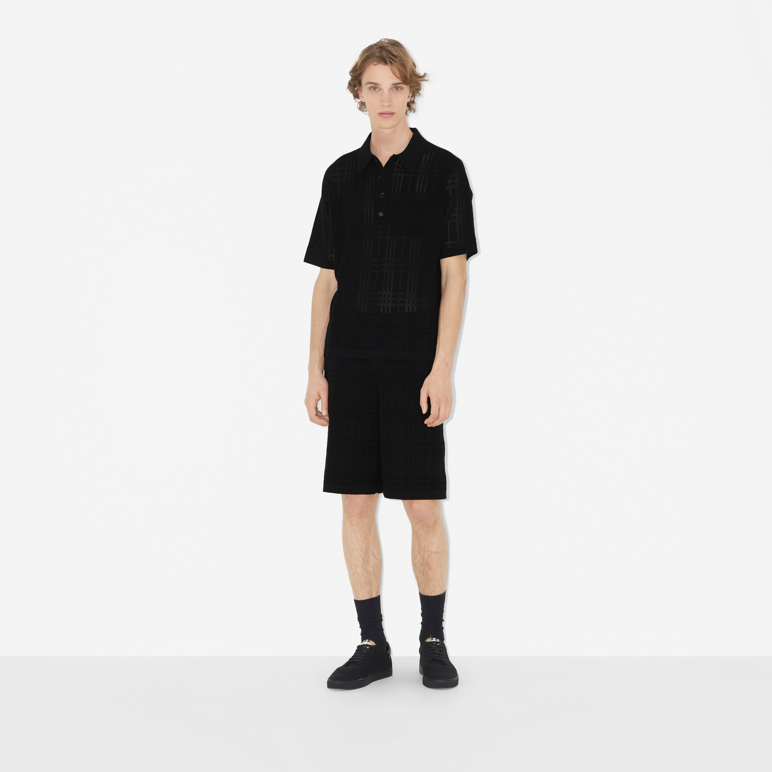 Check Technical Cotton Oversized Polo Shirt in Black - Men | Burberry® Official - 2