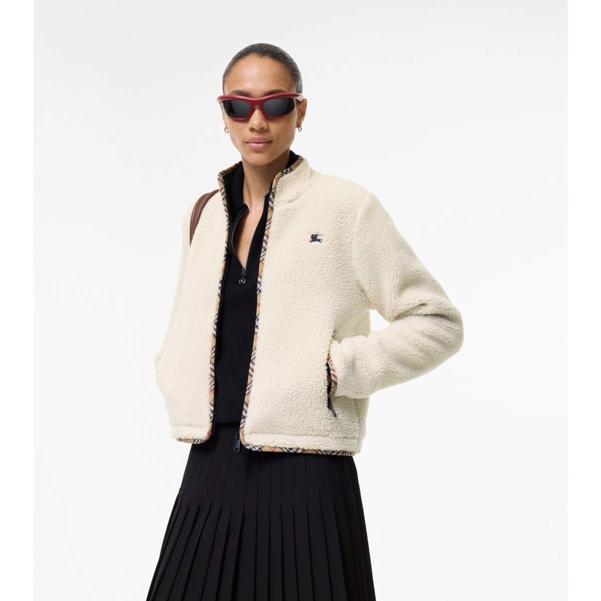  Check Cropped Wool Cashmere Blend Fleece Jacket