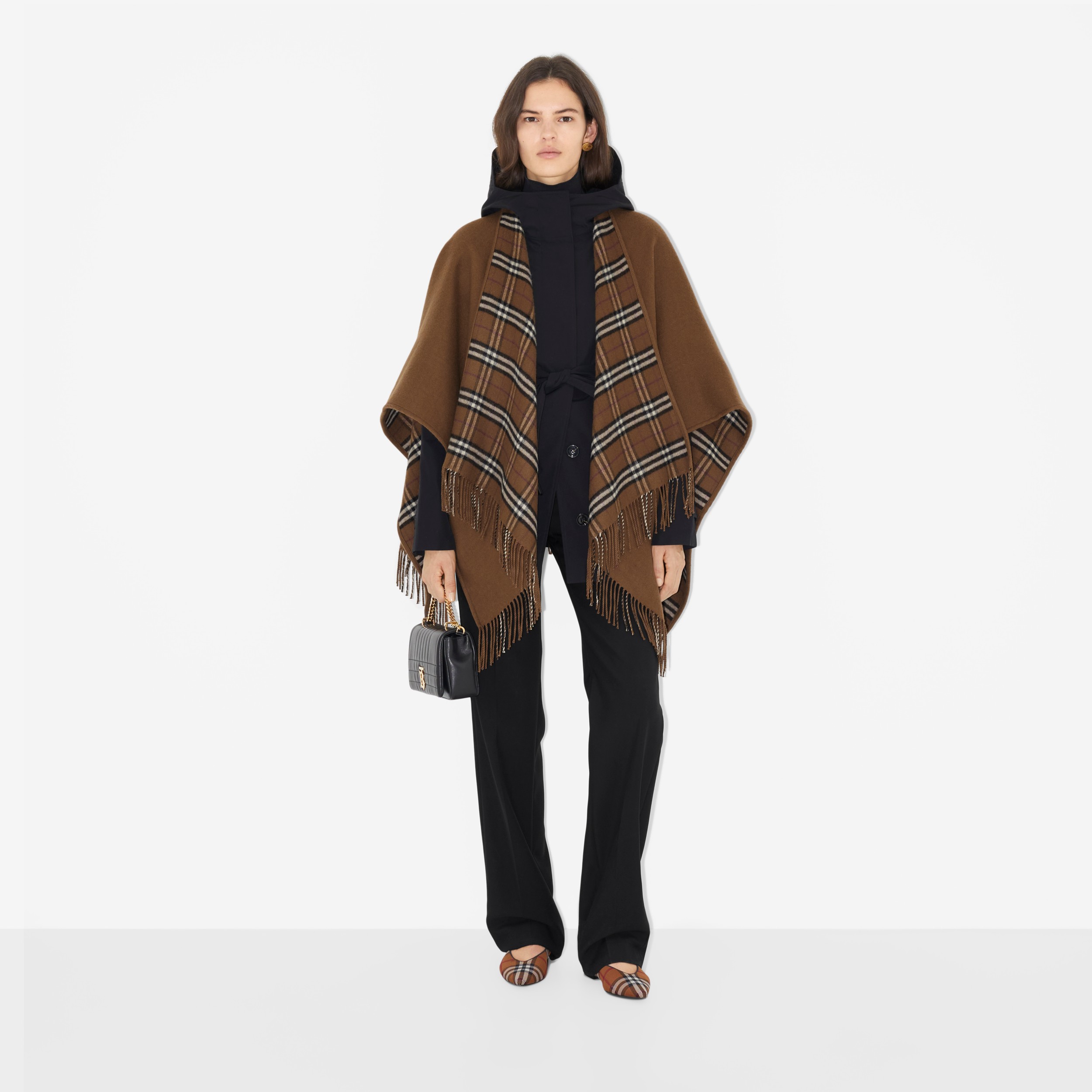 Reversible Check Wool Cape in Dark Birch Brown | Burberry® Official