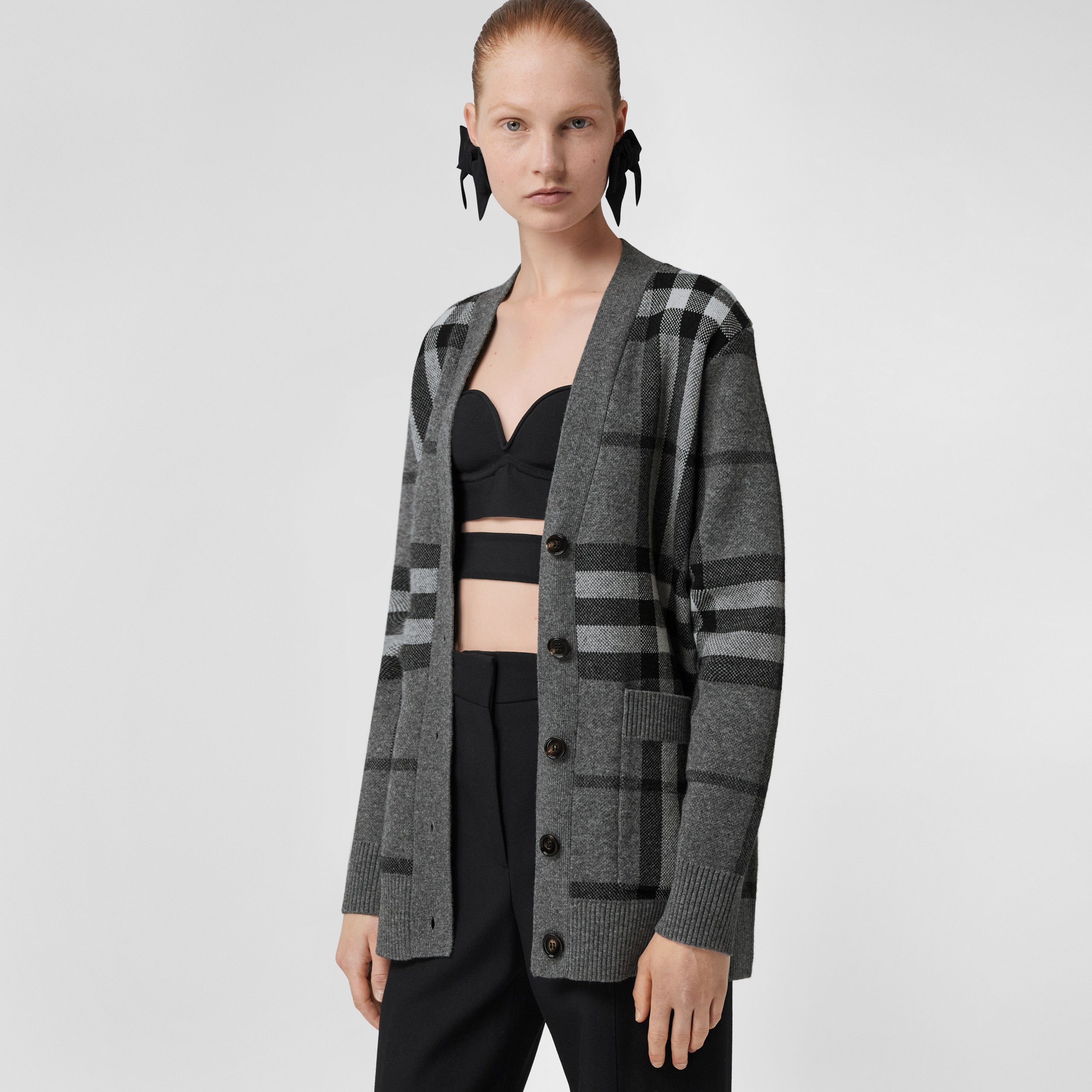 Check Wool Cashmere Jacquard Cardigan in Mid-grey Melange - Women | Burberry® Official - 1