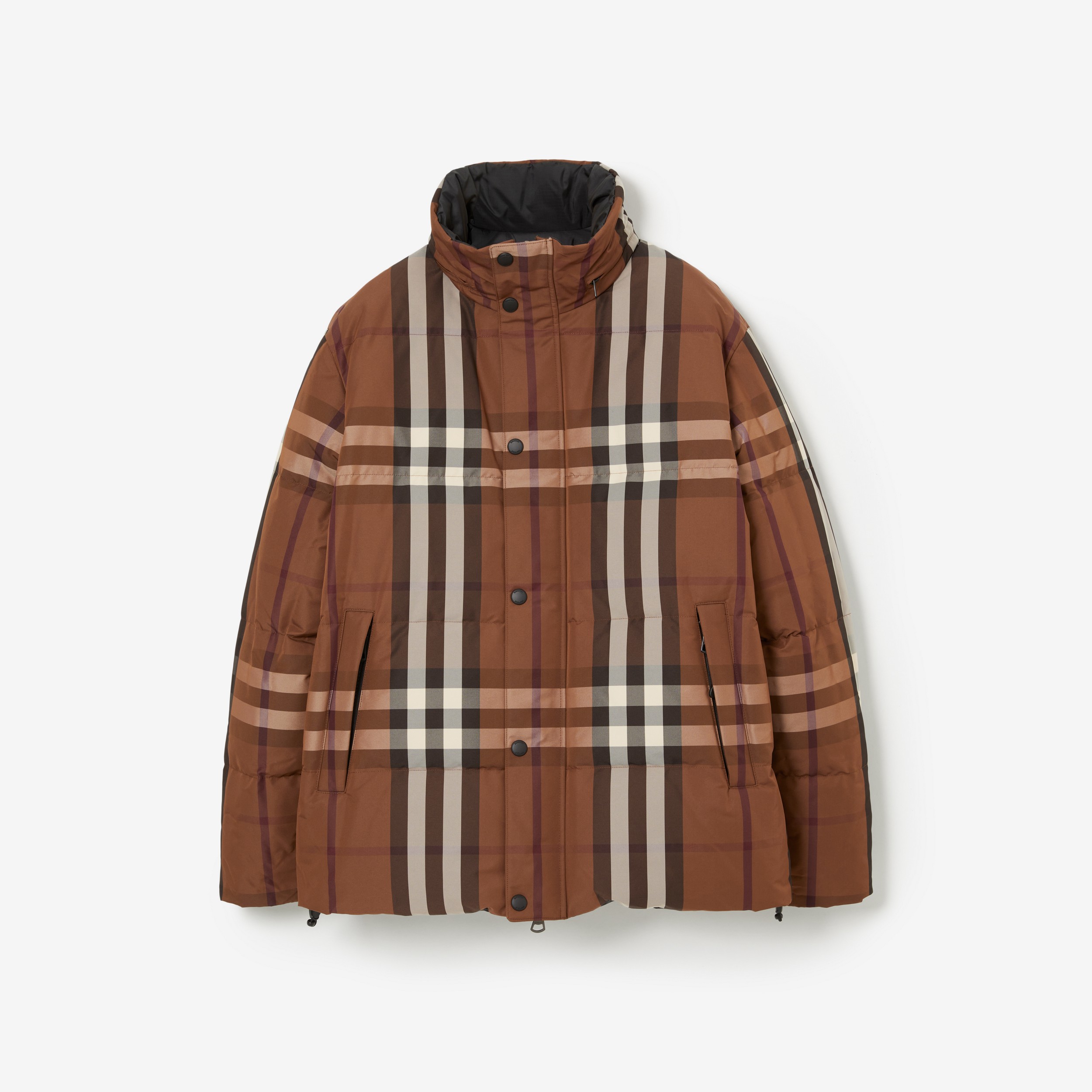Packaway Hood Check Nylon Reversible Puffer Jacket in Dark Birch Brown - Men | Burberry® Official - 1
