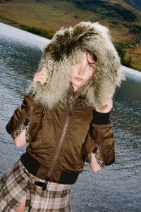 Model wearing Shearling Trim Cropped Parka and Burberry Check Long Kilt in Camp