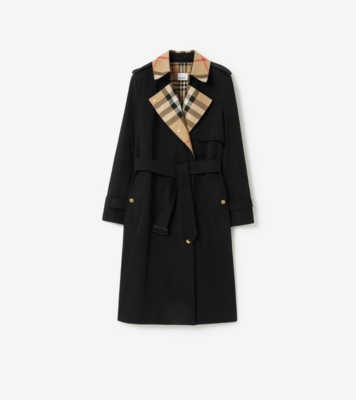 Long Check Collar Gabardine Trench Coat in Black Women Cotton Gabardine Burberry Official