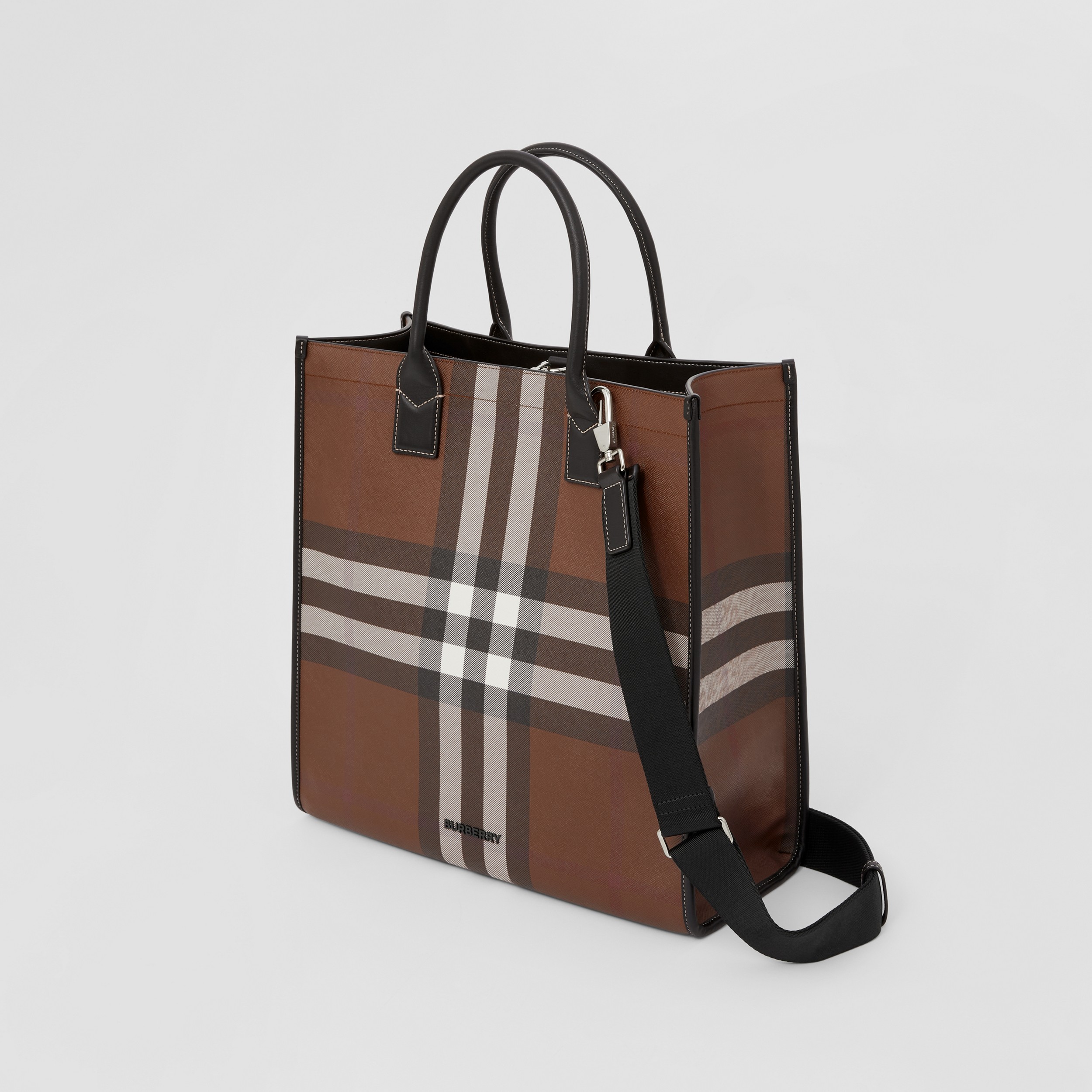 Check and Leather Tote in Dark Birch Brown | Burberry® Official - 4