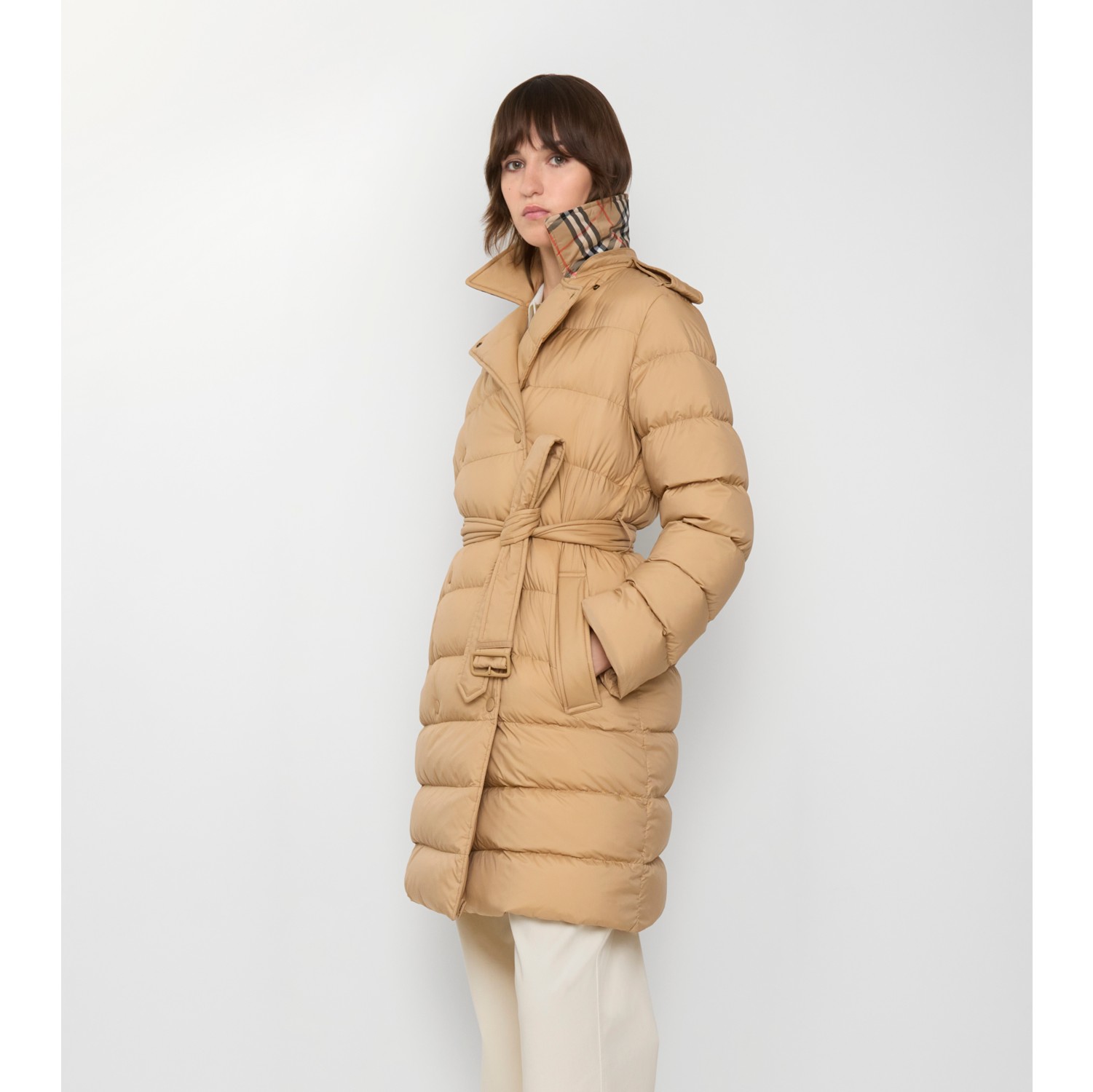 Mid-length Nylon Hooded Puffer Coat in Flax beige - Women | Burberry® Official