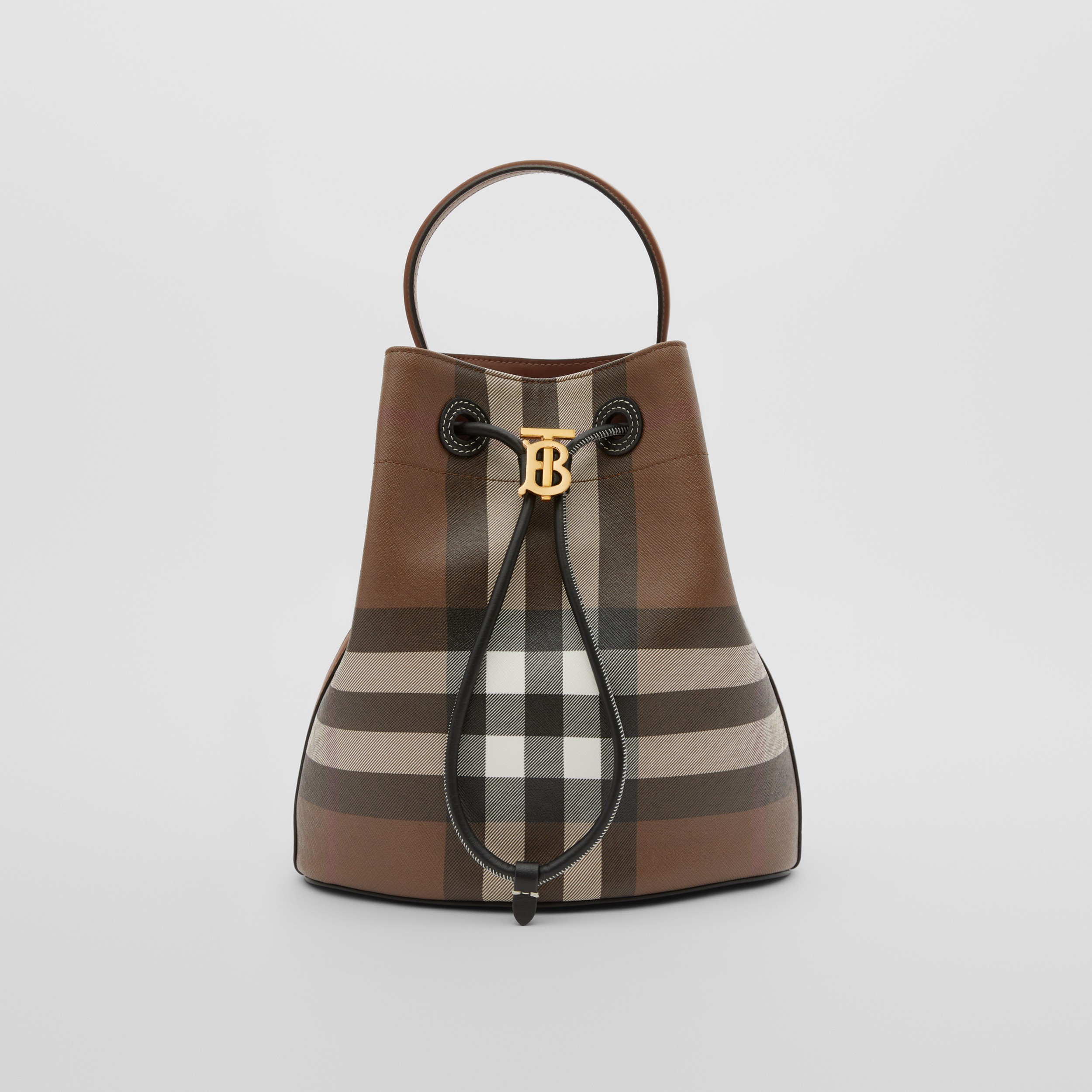 Check and Leather Small TB Bucket Bag in Dark Birch Brown - Women | Burberry® Official - 1