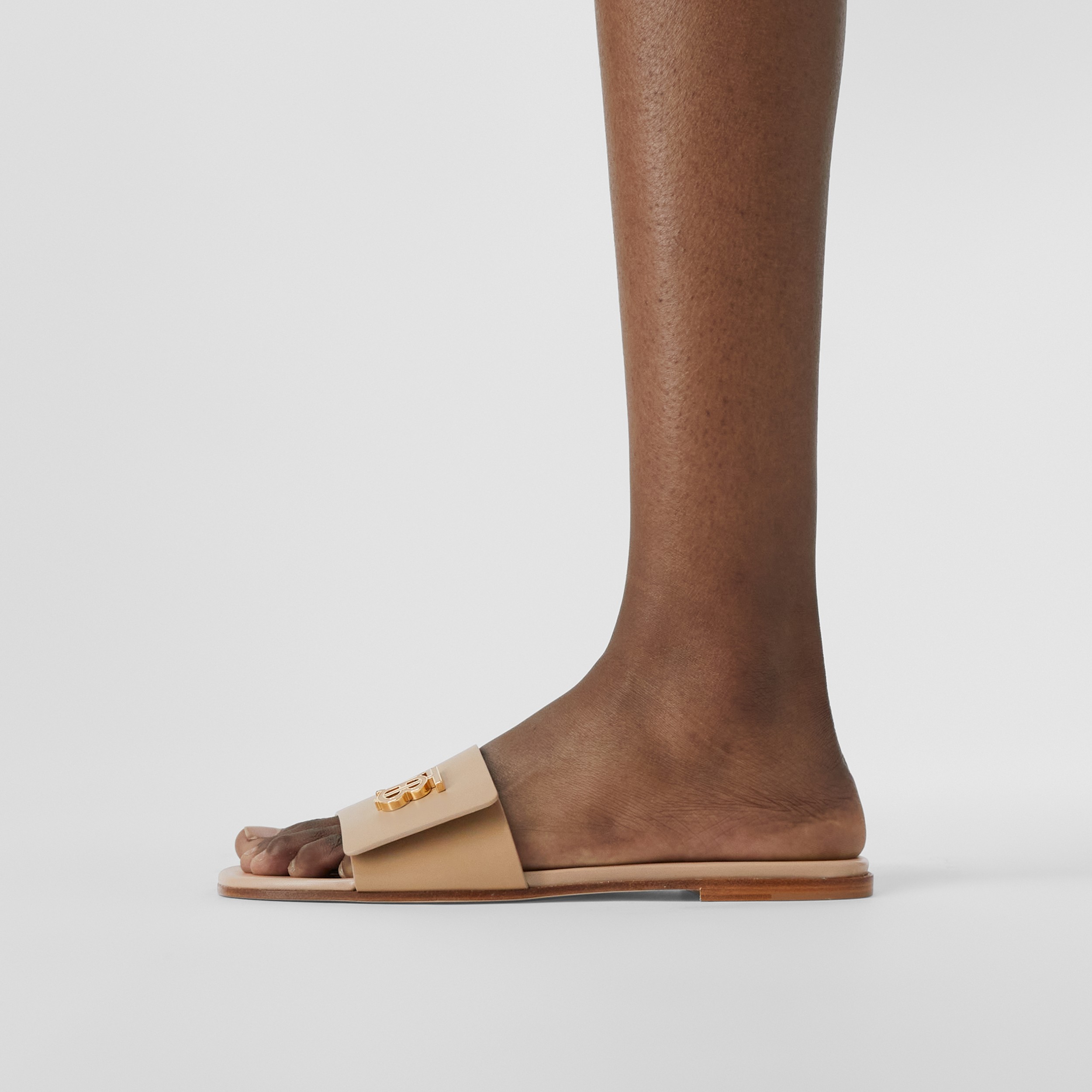 Monogram Motif Leather Slides in Chestnut Beige - Women | Burberry® Official - 3