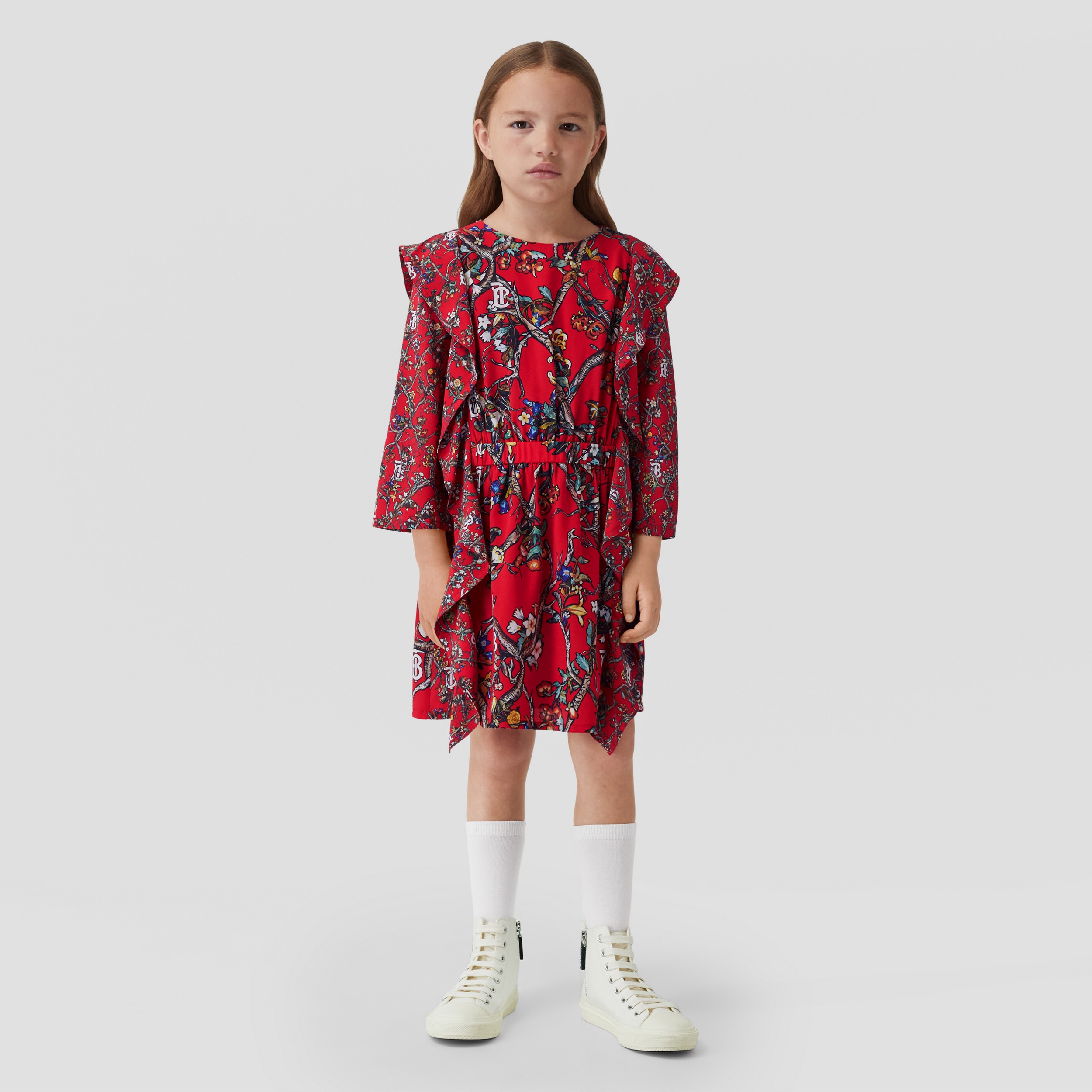 专属标识装饰丝质连衣裙 (亮红色) - 儿童 | Burberry® 博柏利官网 - 3