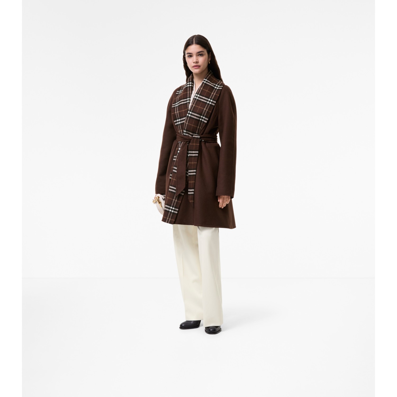 Check Trim Wool Wrap Coat - thumbnail 2