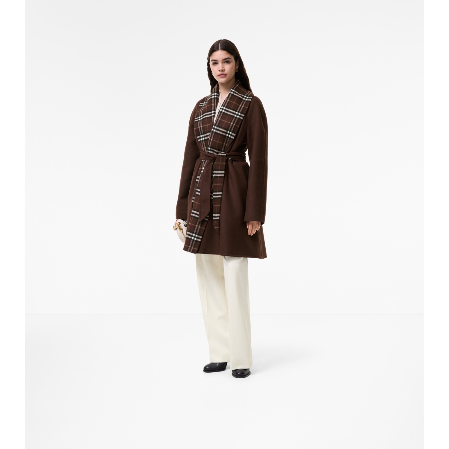 Check Trim Wool Wrap Coat