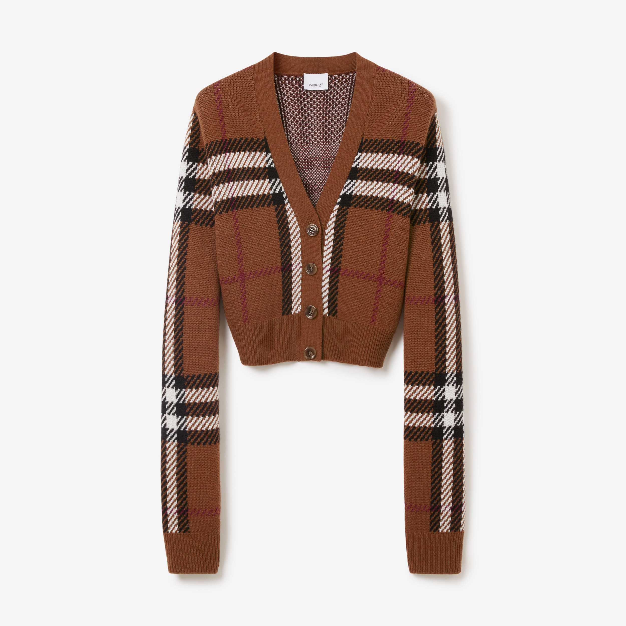Check Wool Jacquard Cropped Cardigan in Dark Birch Brown - Women | Burberry® Official - 1