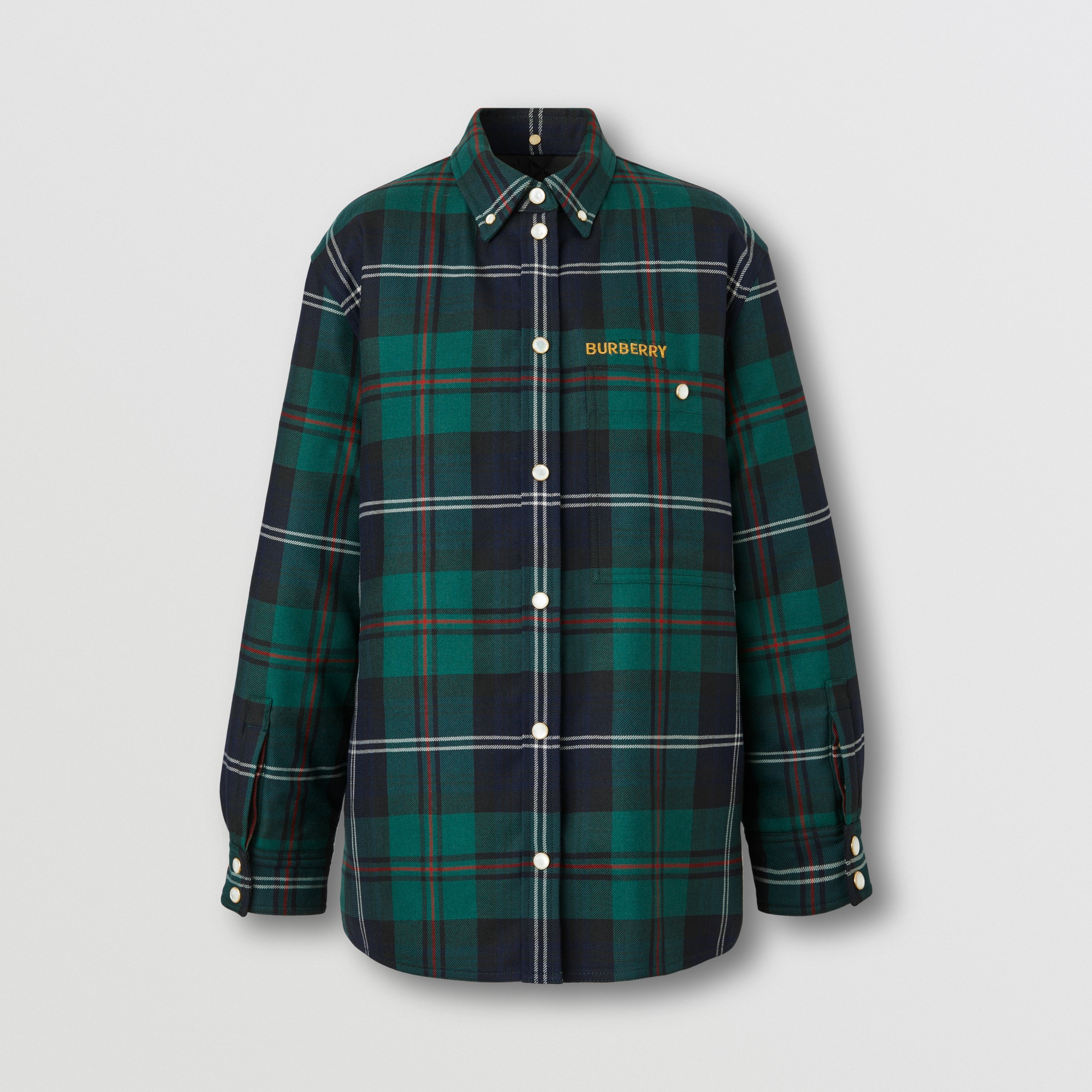 Embroidered Logo Check Wool Overshirt in Dark Viridian Green - Women | Burberry® Official - 4