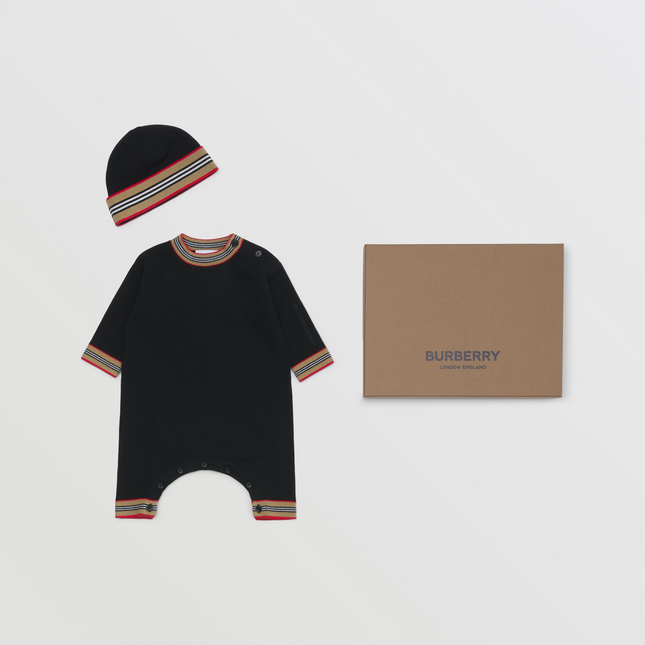 Icon Stripe Trim Wool Two-piece Baby Gift Set in Black - Children | Burberry® Official - 1