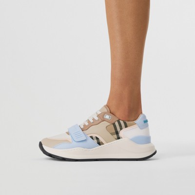 Check Cotton, Canvas and Leather Sneakers in Pale Blue/soft Fawn 