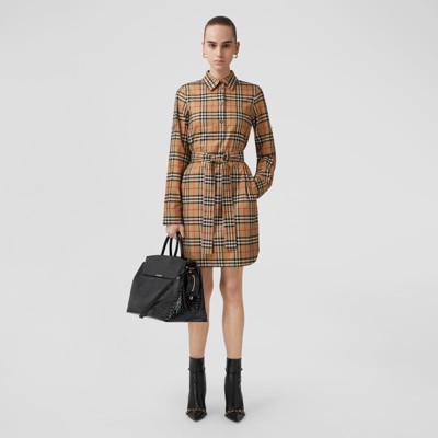 Shop Burberry Check Cotton Shirt Dress In Archive Beige