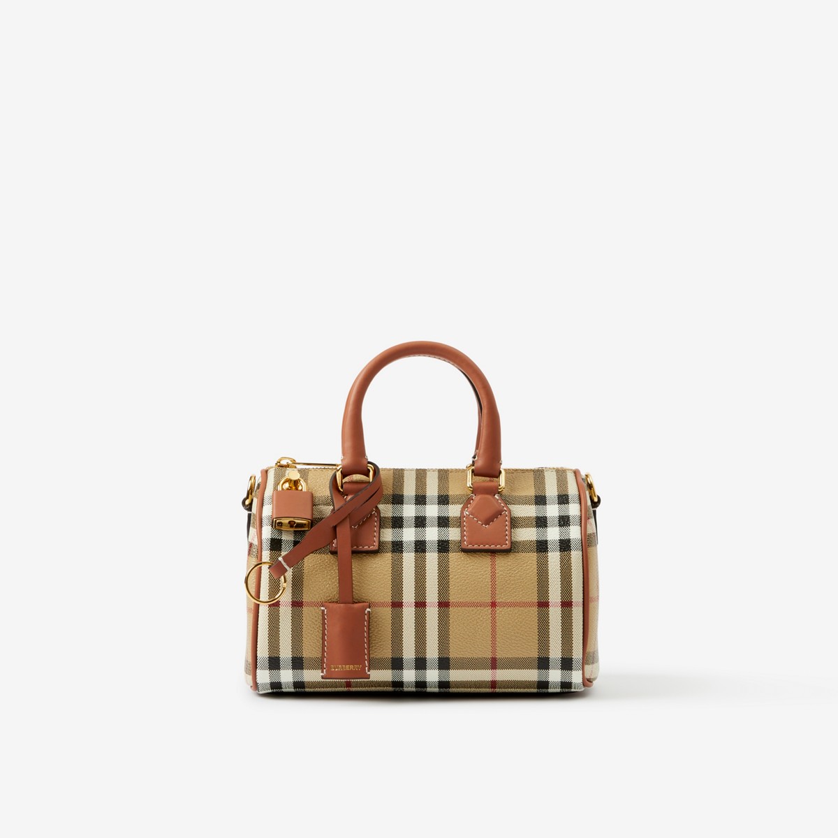 Shop Burberry Mini Check Bowling Bag In Archive Beige/briar Brown