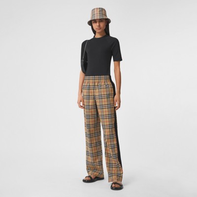 Side Stripe Vintage Check Stretch Cotton Trousers in Archive Beige - Women  | Burberry® Official