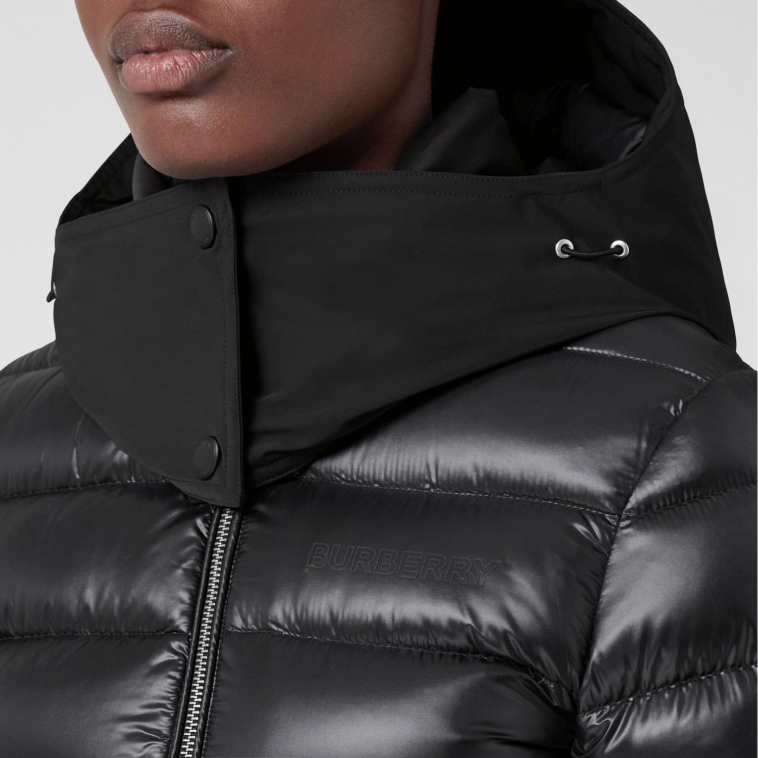 Contrast Hood Nylon Belted Puffer Jacket