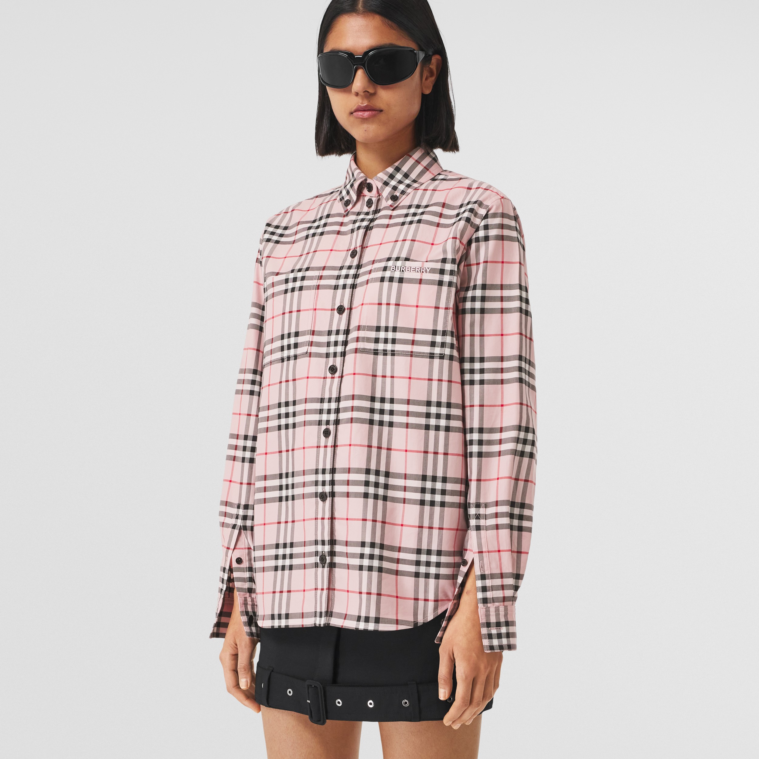 Embroidered Logo Check Cotton Oversized Shirt in Bubblegum Pink - Women | Burberry® Official - 1