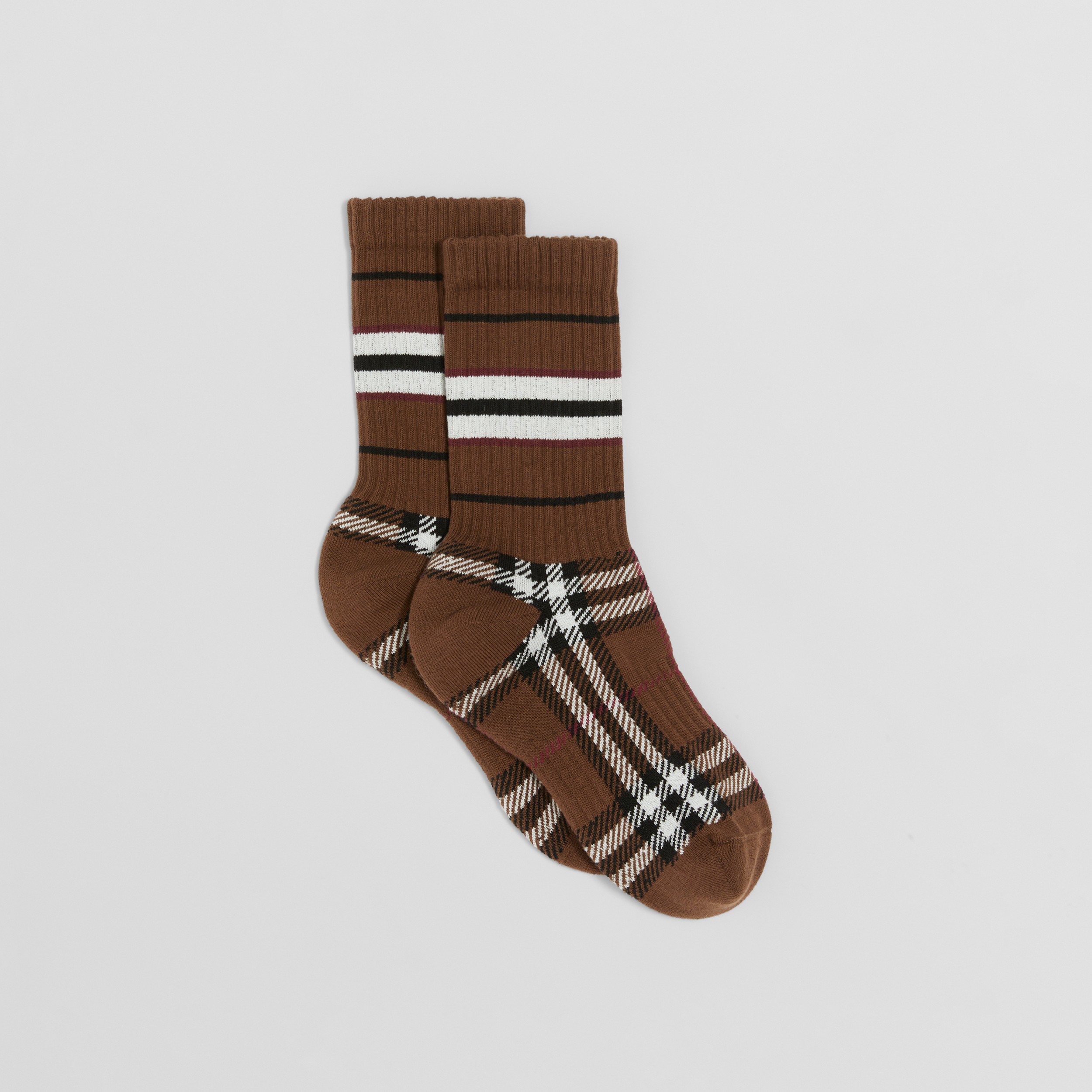 Check and Stripe Stretch Cotton Socks in Birch Brown | Burberry® Official - 4