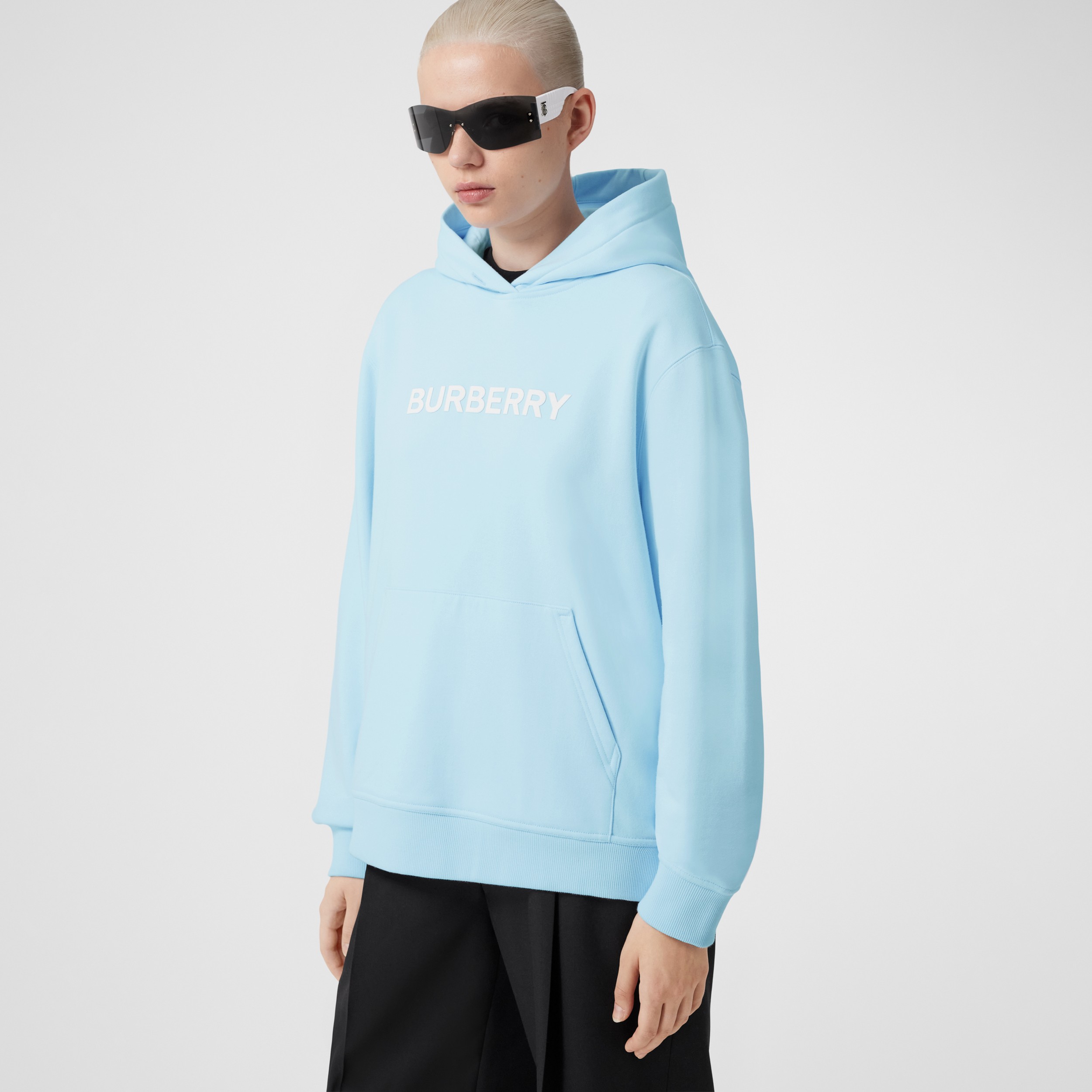 Logo Print Cotton Hoodie in Pale Blue - Women | Burberry® Official - 4