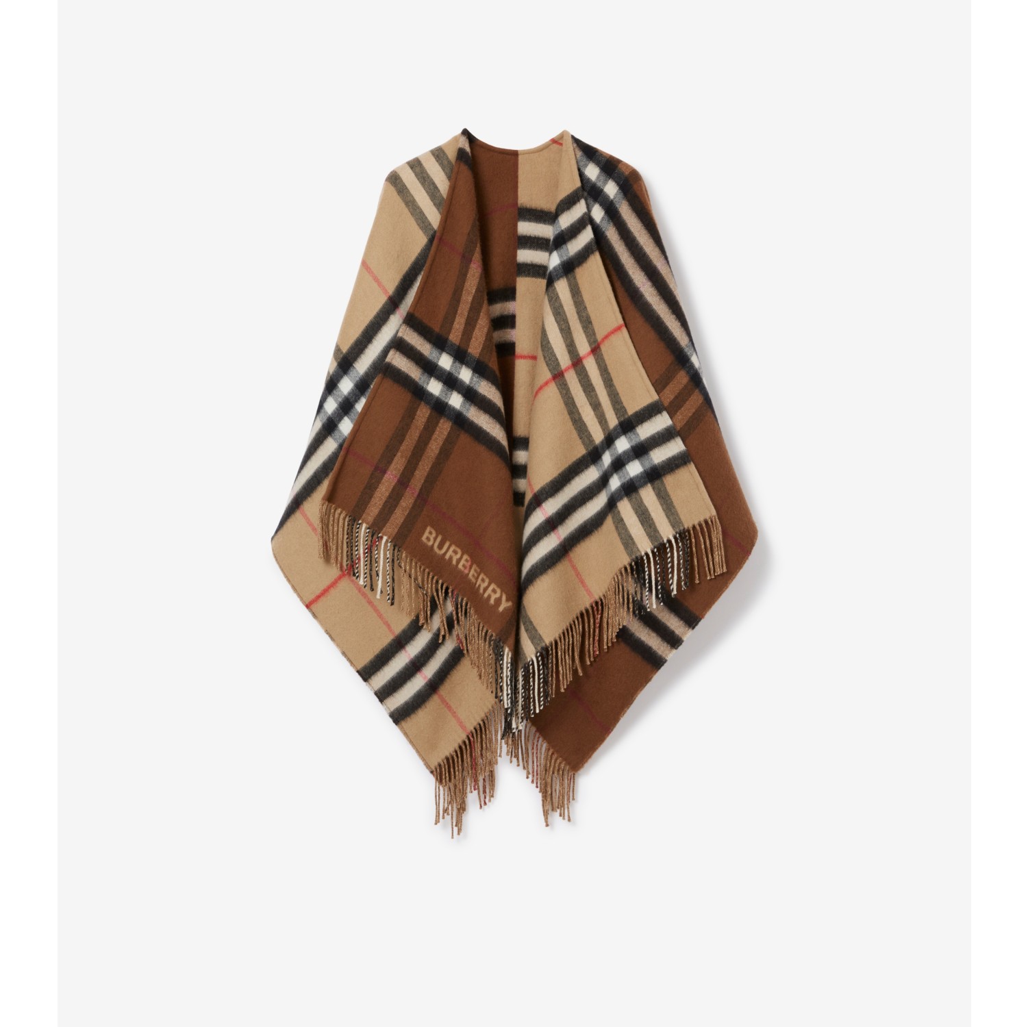 コントラストチェック ウールカシミア ケープ (アーカイブベージュ／ダークバーチブラウン) | Burberry®公式サイト