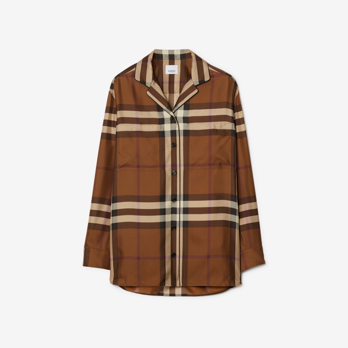 Burberry Check Silk Shirt In Dark Birch Brown