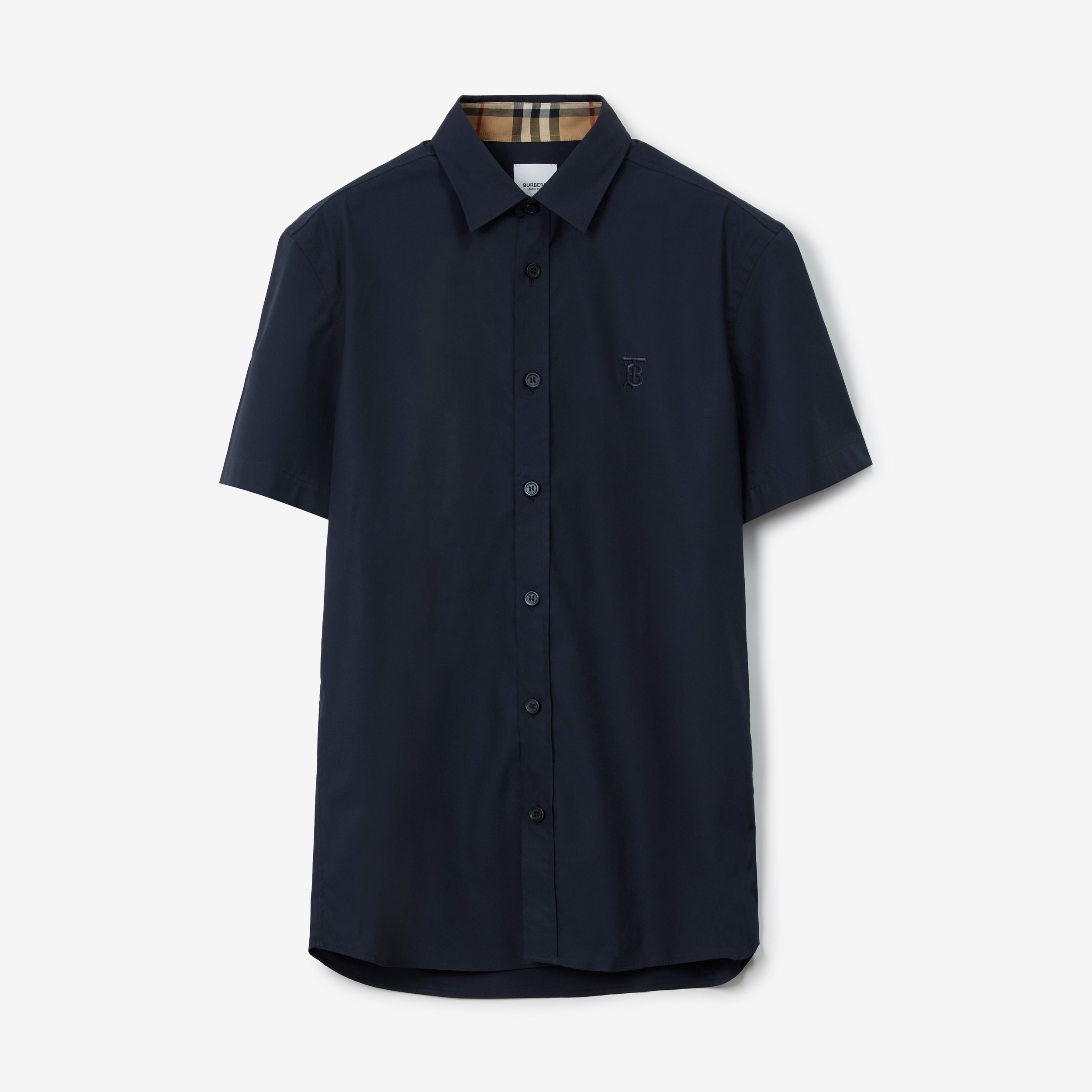 Short-sleeve Monogram Motif Stretch Cotton Shirt in Navy - Men | Burberry® Official - 1