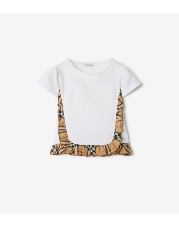 Check Ruffle Stretch Cotton T-shirt