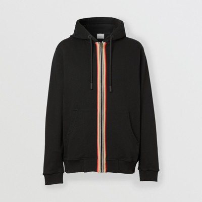 Icon Stripe Detail Cotton Hooded Top in Black - Men | Burberry® Official