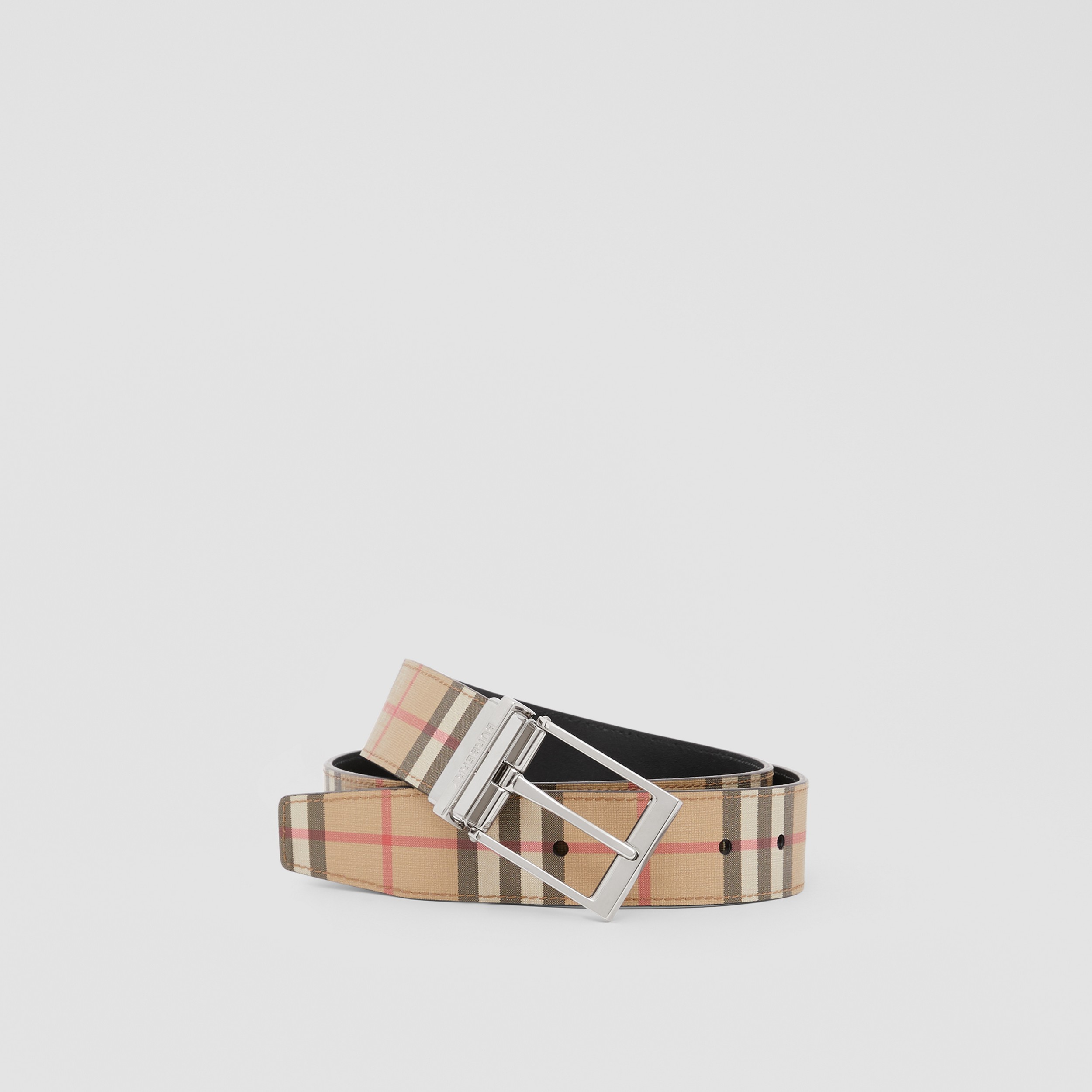 Check and Leather Reversible Belt in Archive Beige/black - Men | Burberry® Official - 1