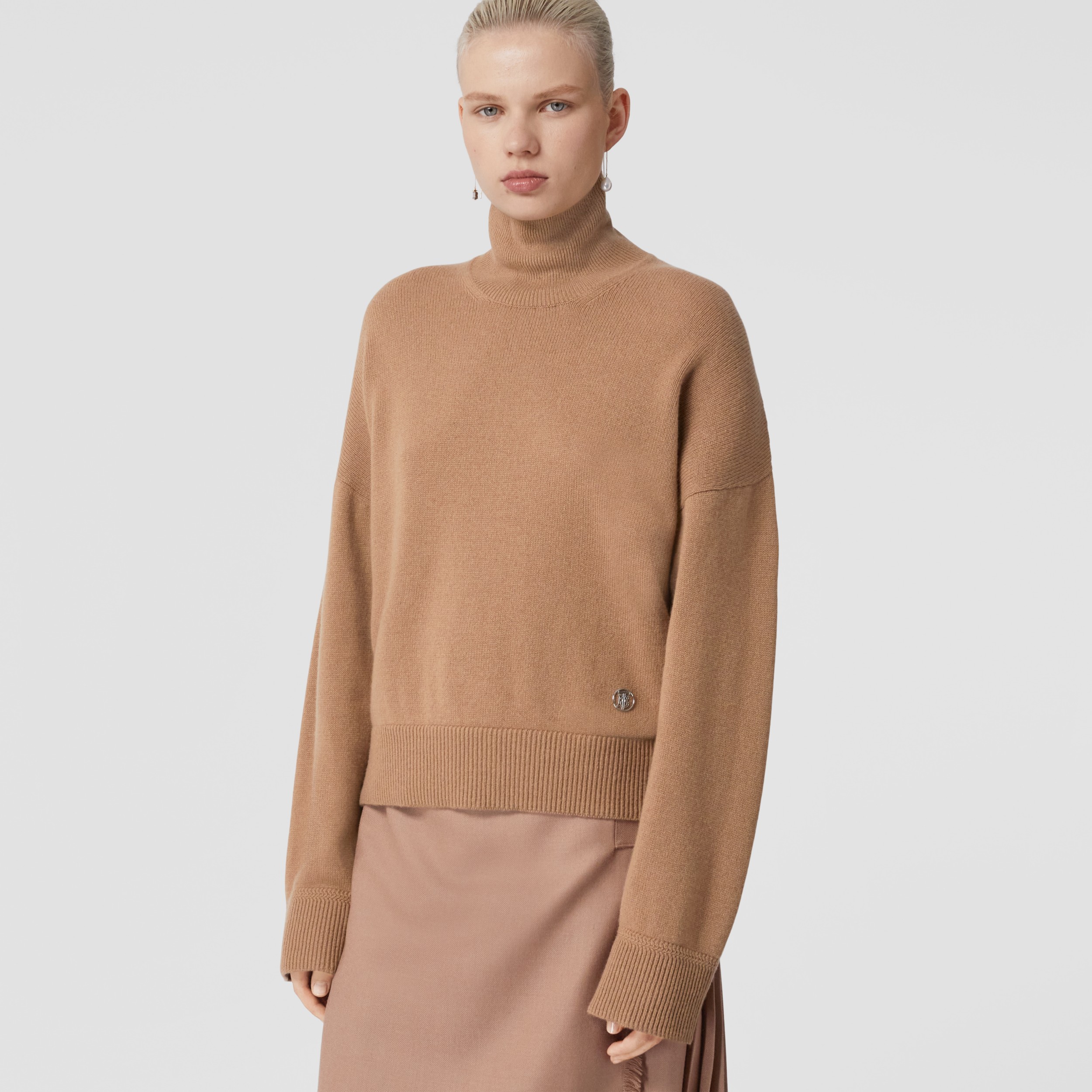 Monogram Motif Cashmere Funnel Neck Sweater in Wheat - Women | Burberry® Official - 1