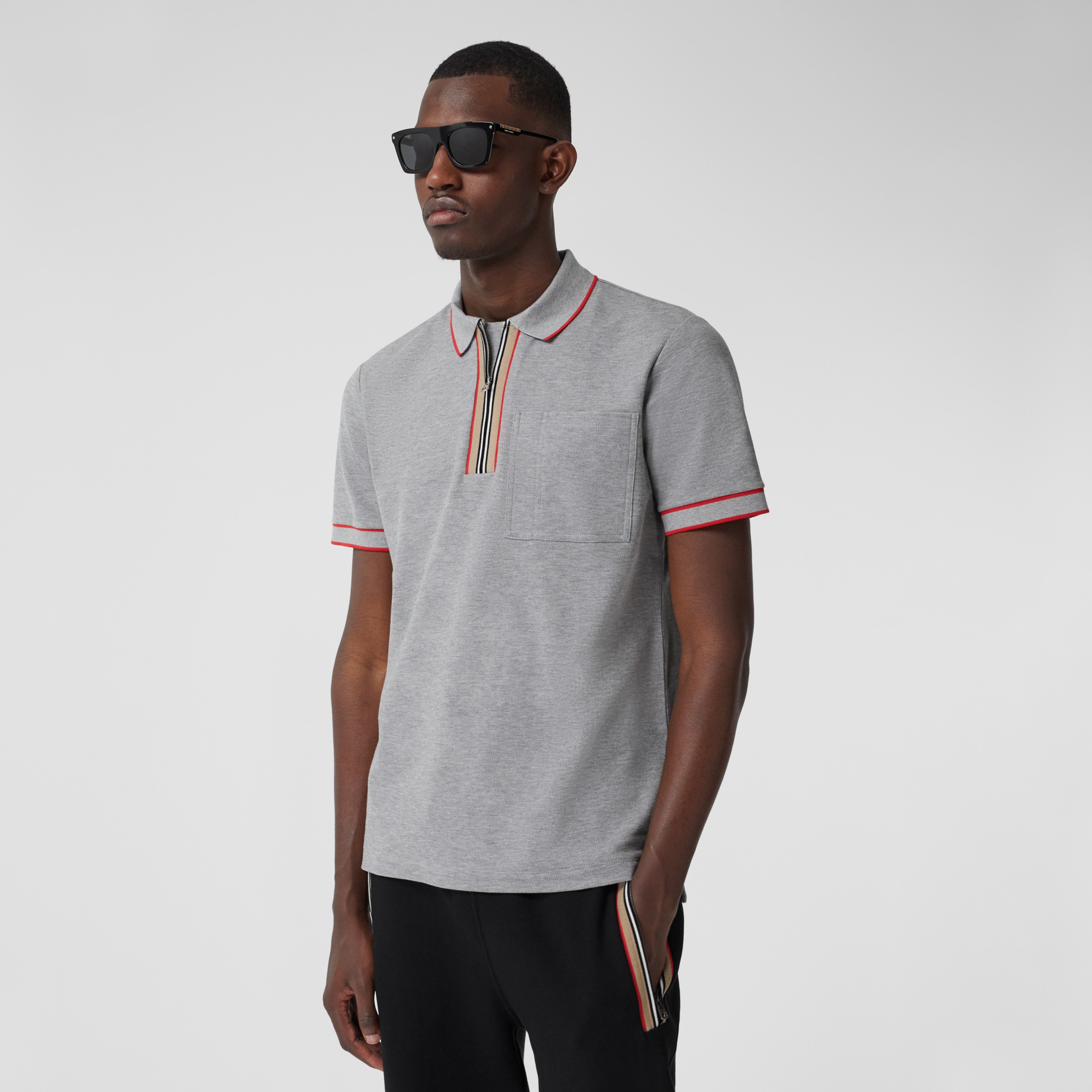 Icon Stripe Detail Cotton Zip-front Polo Shirt in Pale Grey Melange ...