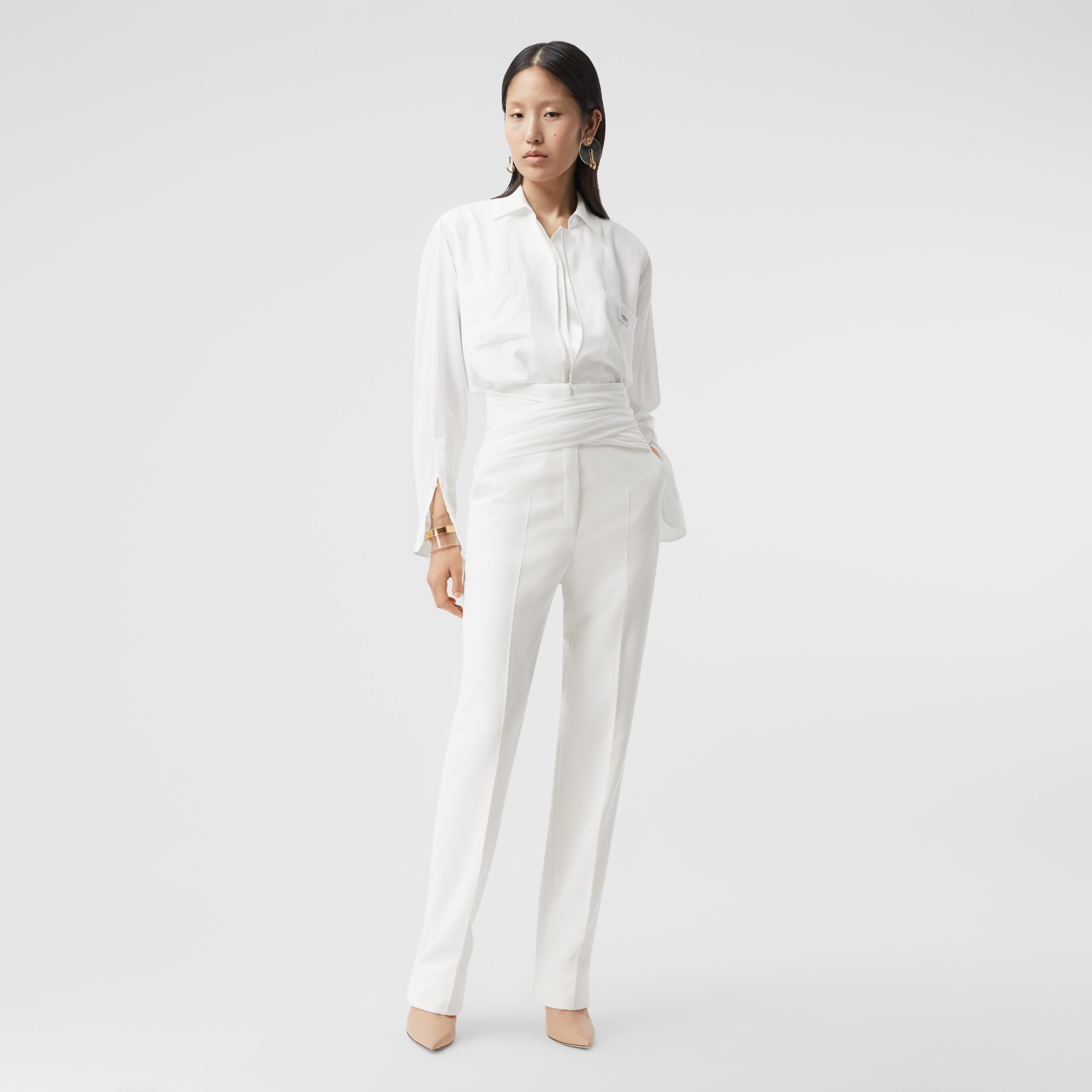 Logo Appliqué Silk Satin Oversized Shirt in Optic White - Women ...