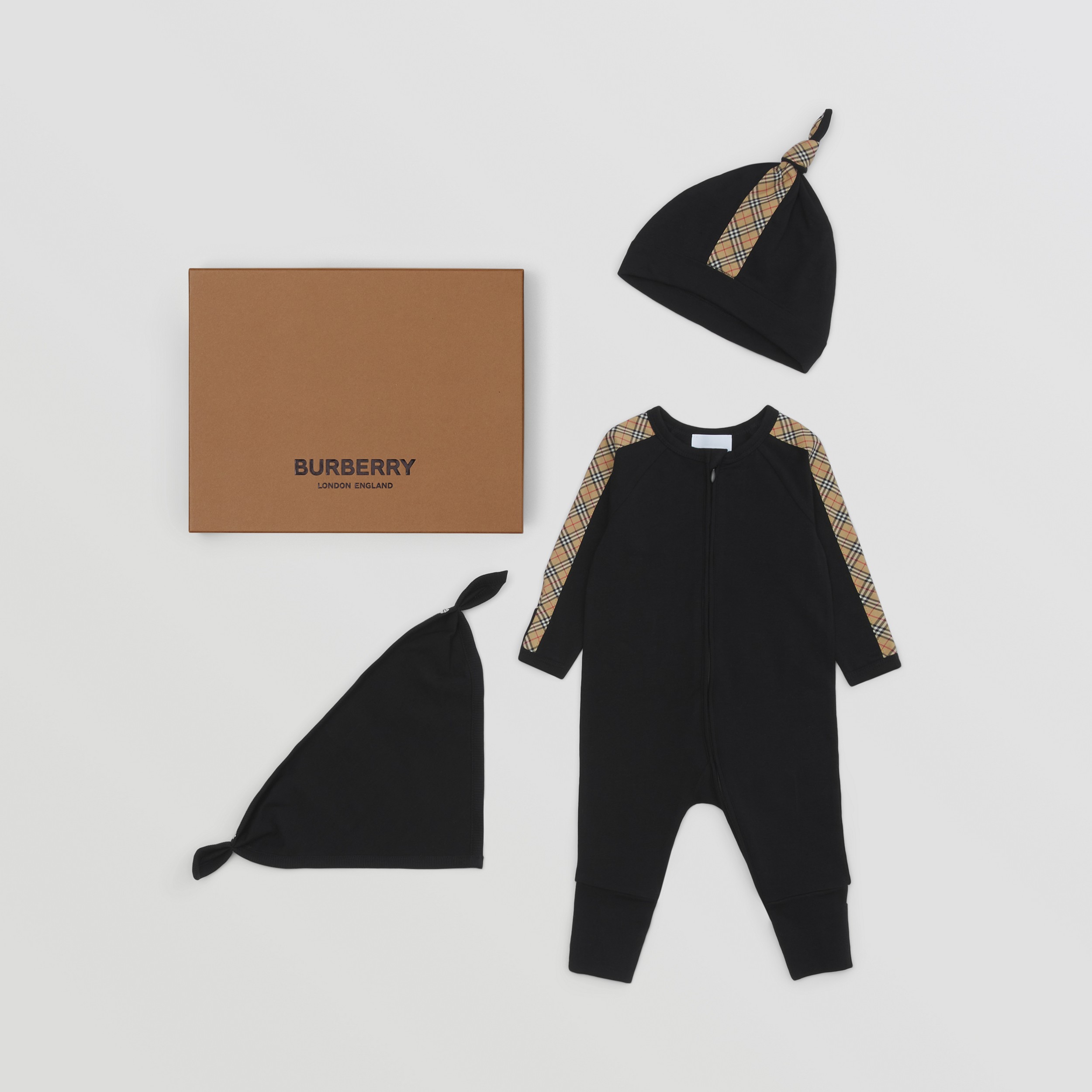 Check Trim Cotton Three-piece Baby Gift Set in Black - Children | Burberry® Official - 1