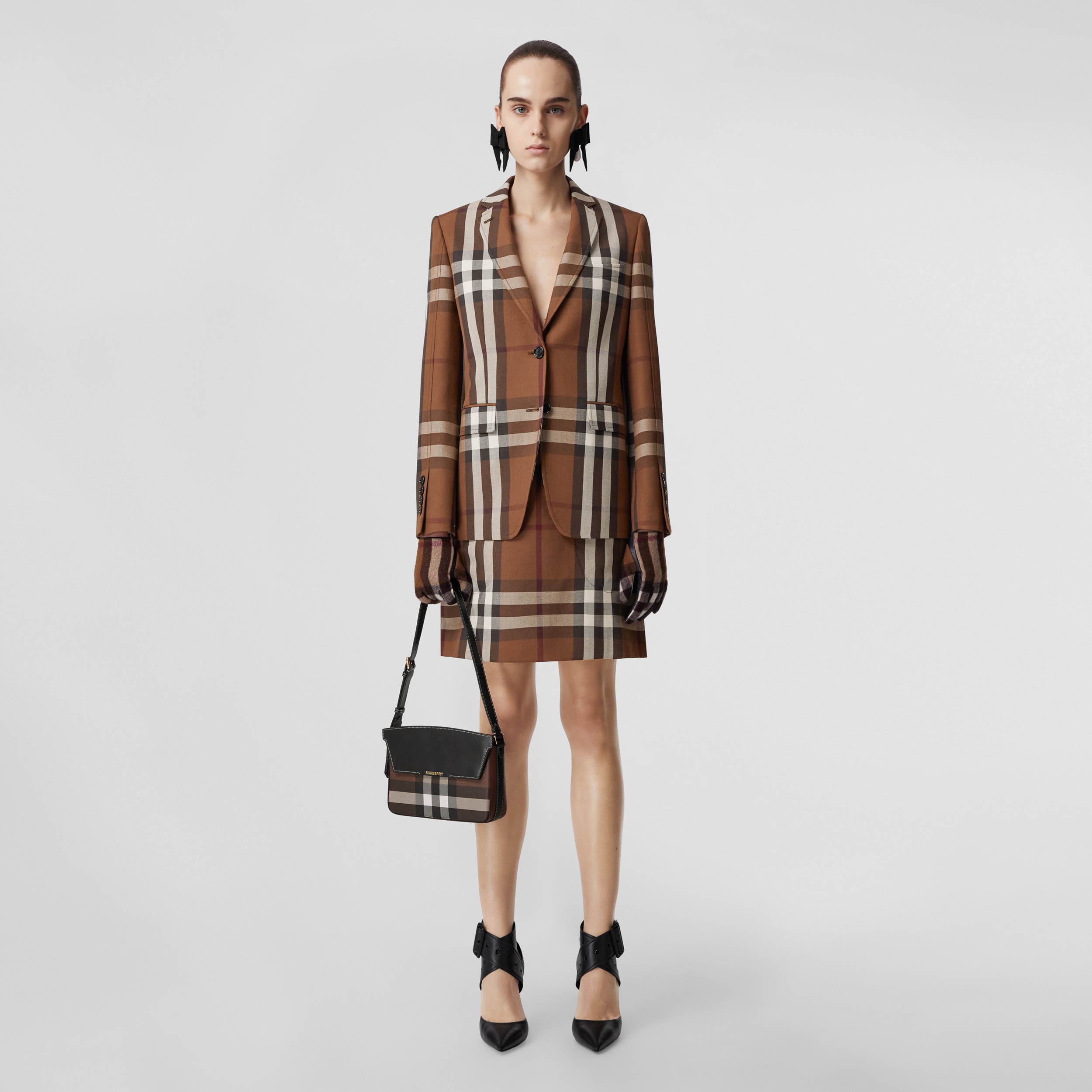 Check Wool Cotton Jacquard Mini Skirt in Dark Birch Brown - Women | Burberry® Official - 4