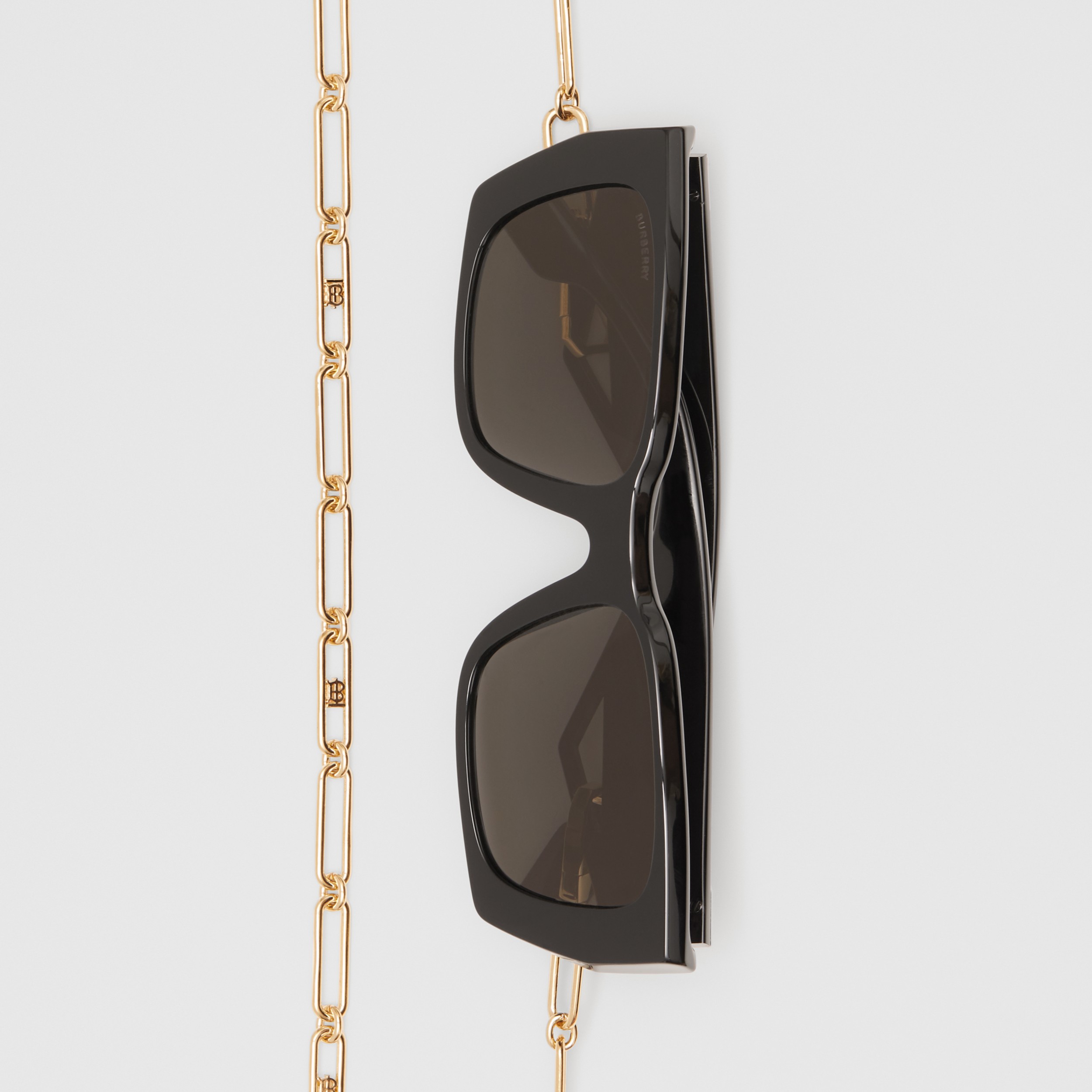 B Motif Rectangular Frame Sunglasses with Chain in Black Women