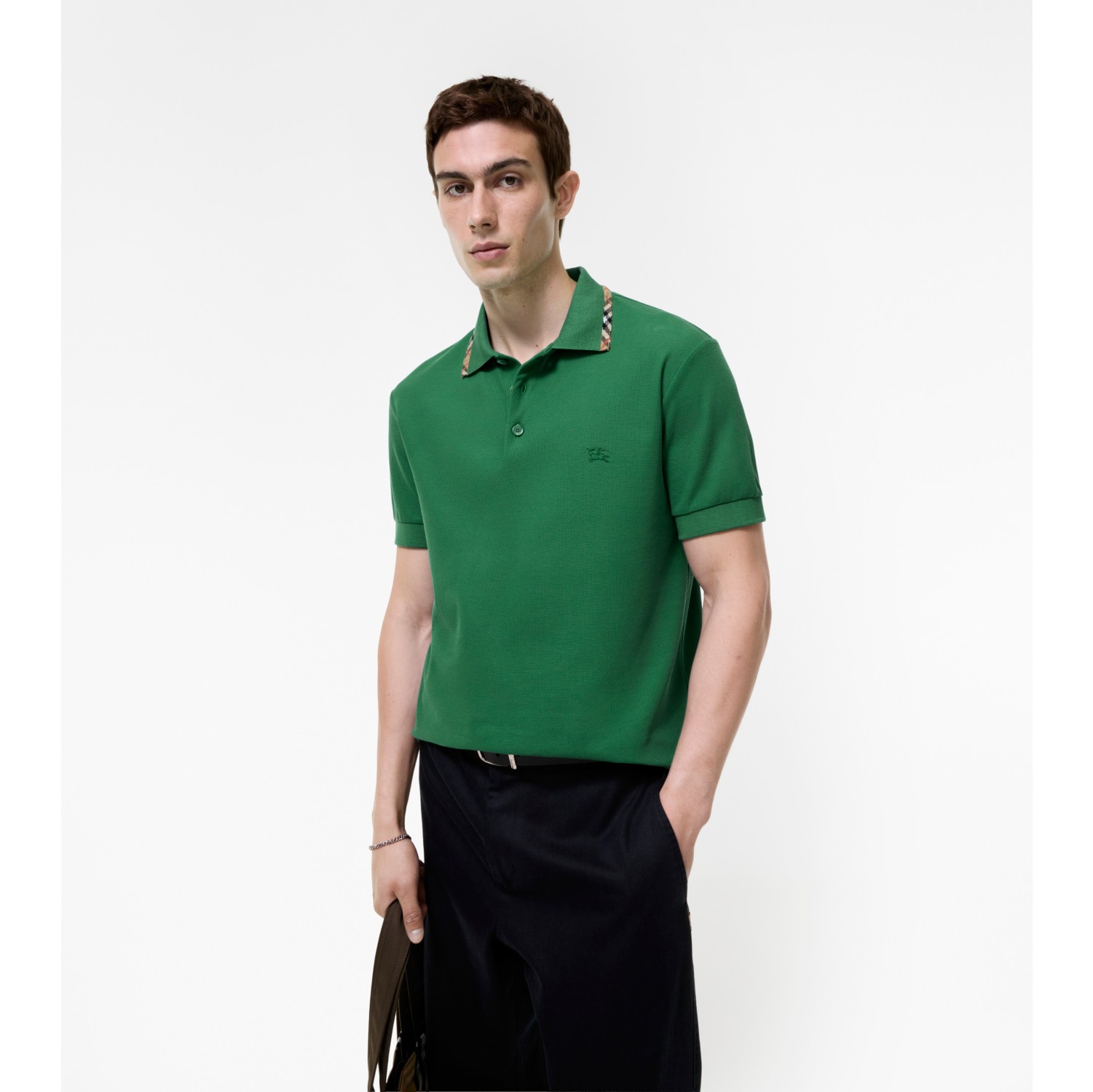 Check Trim Cotton Polo Shirt in Jade green - Men | Burberry® Official