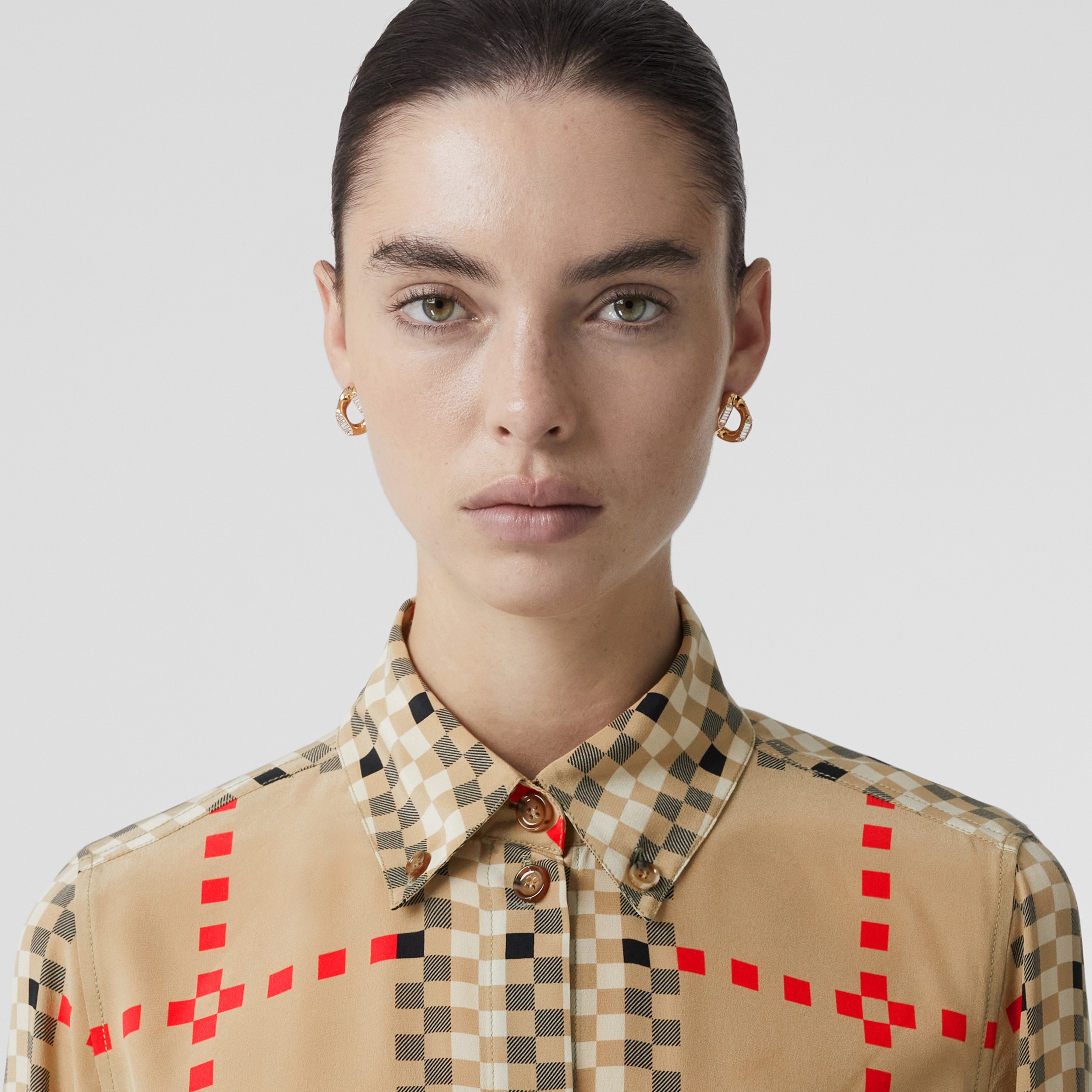Pixel Check Silk Crepe De Chine Shirt in Archive Beige - Women | Burberry® Official - 2