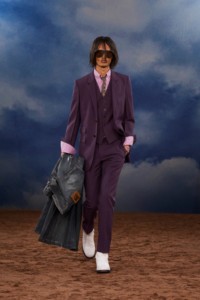 Burberry SS26 Show model Rohan Alexander wearing a Wool mohair tailored jacket and Wool mohair tailored trousers