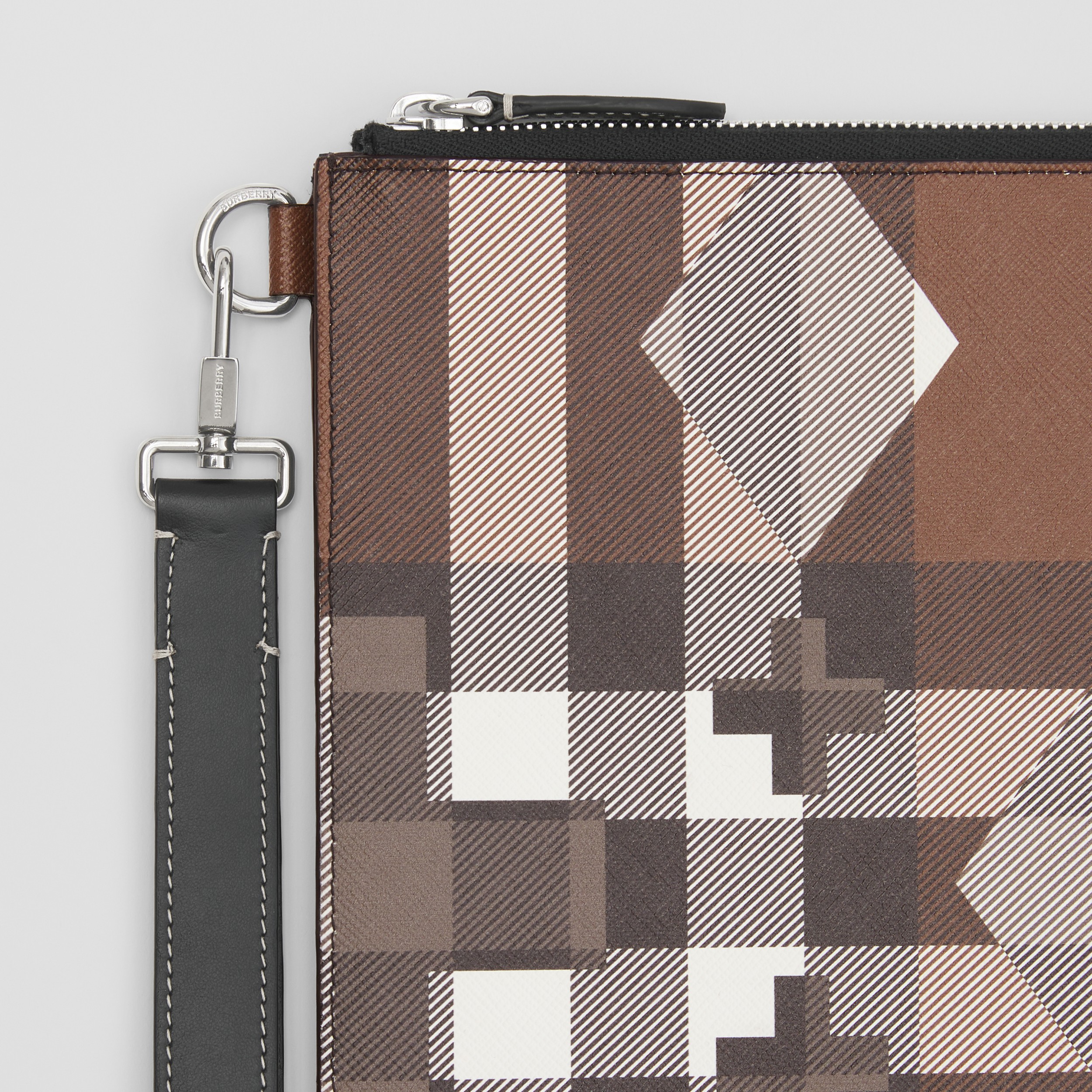 Large Geometric Check and Leather Zip Pouch in Dark Birch Brown - Men | Burberry® Official - 2