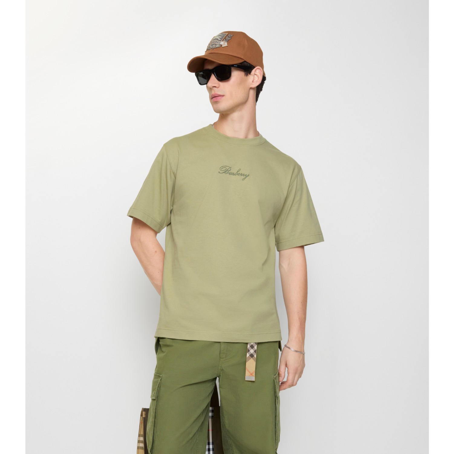 Check Cursive Logo Cotton T-shirt in Glade green - Men | Burberry® Official