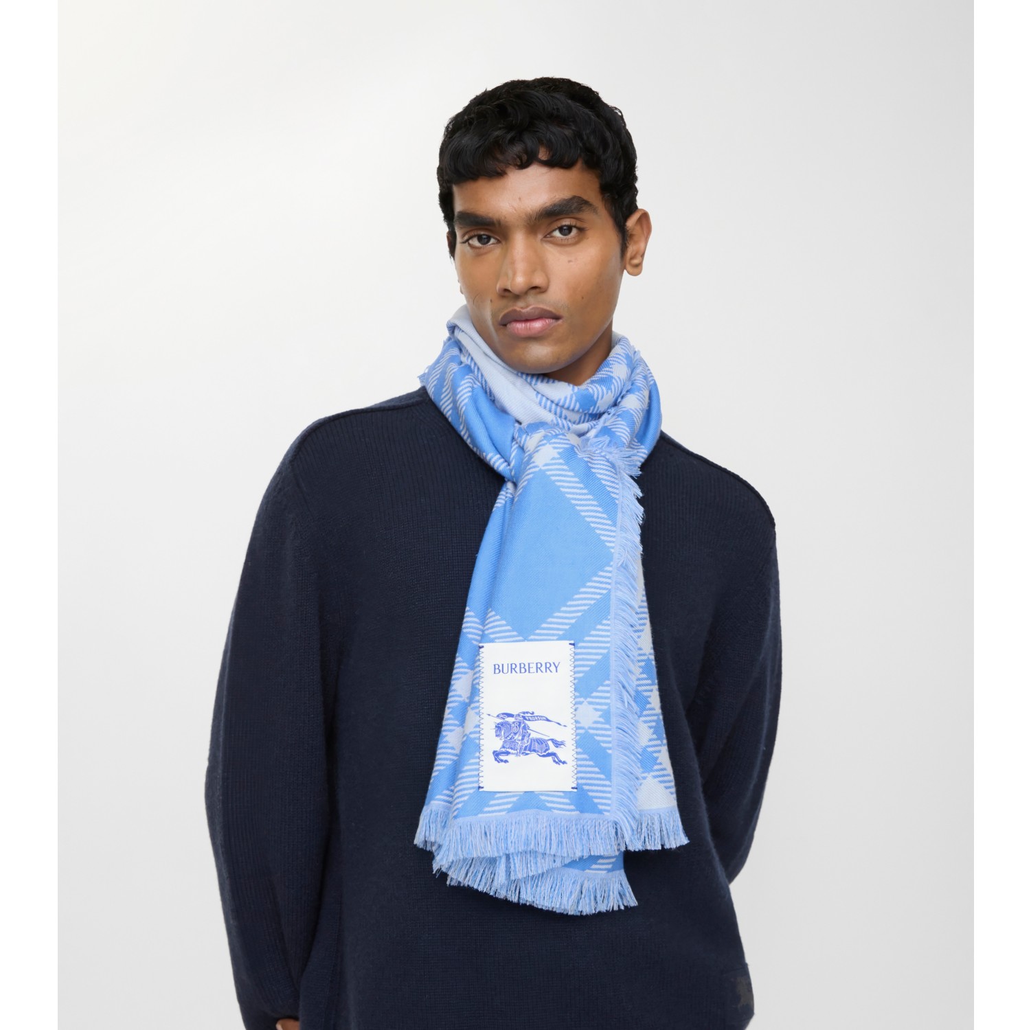 Wide Check Wool Silk Scarf in Dive blue | Burberry® Official