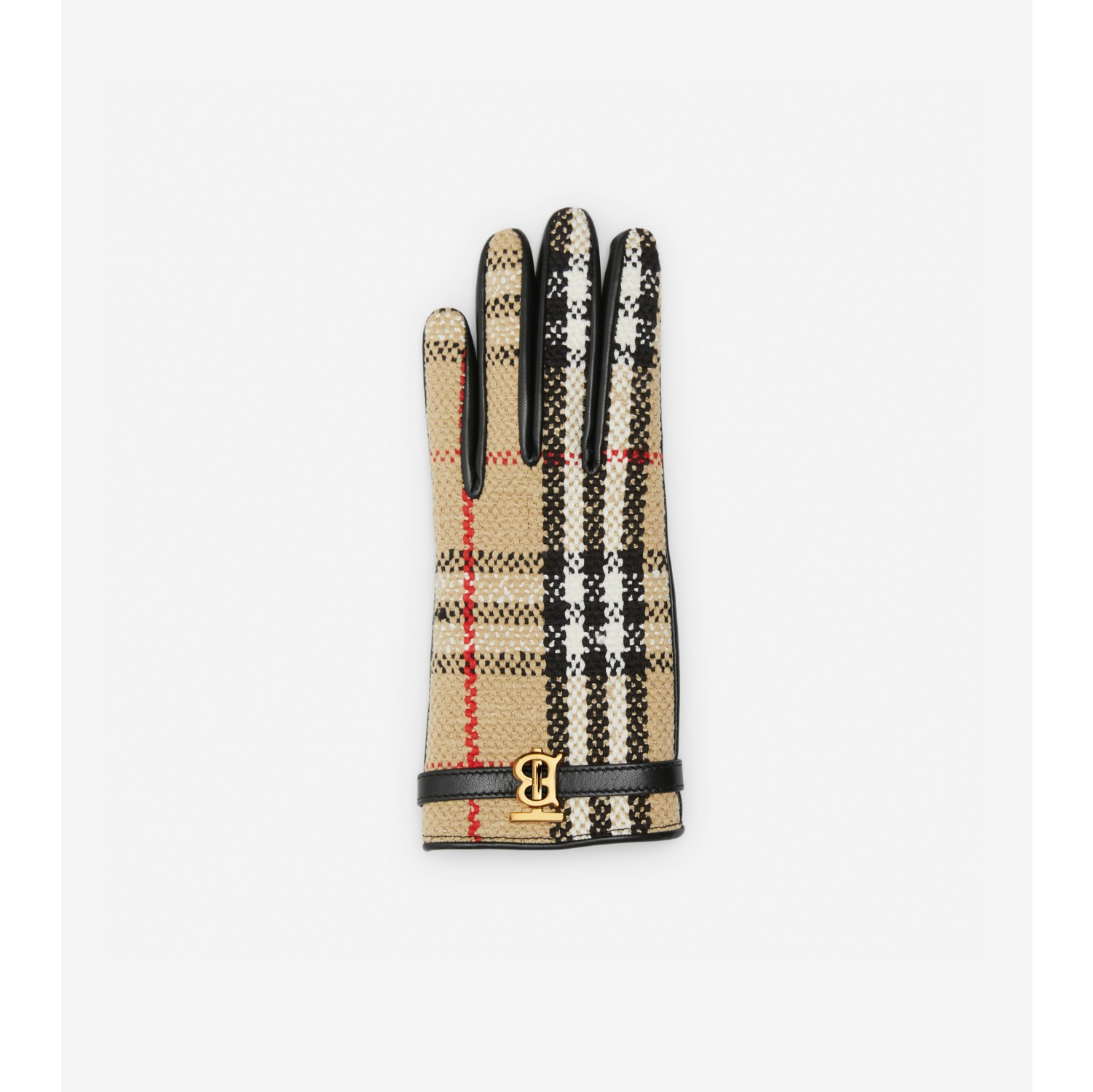 Vintage Check Boucl and Leather Gloves in Archive beige