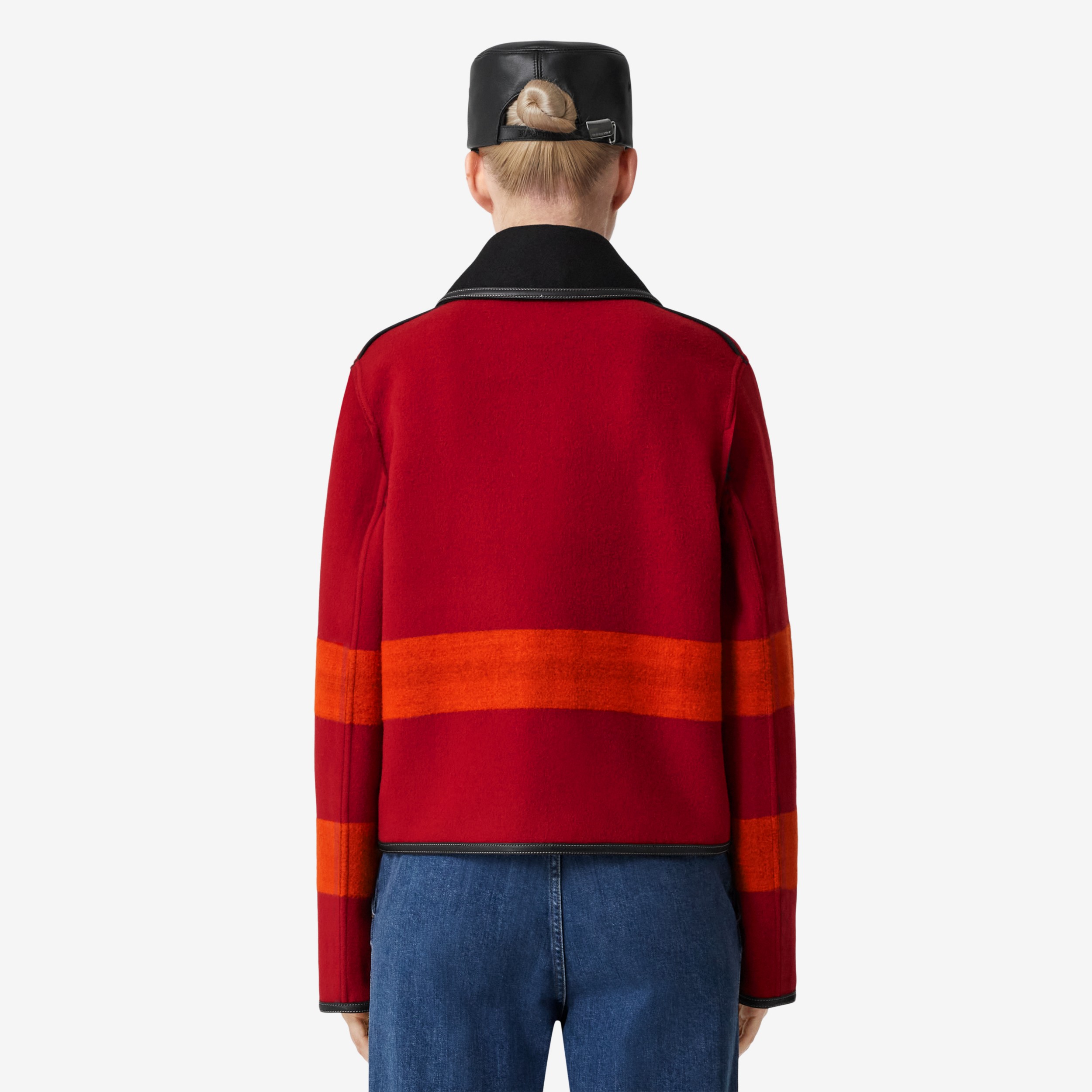 Leather Trim Striped Wool Jacket in Bright Red/dark Birch Brown - Women | Burberry® Official - 3
